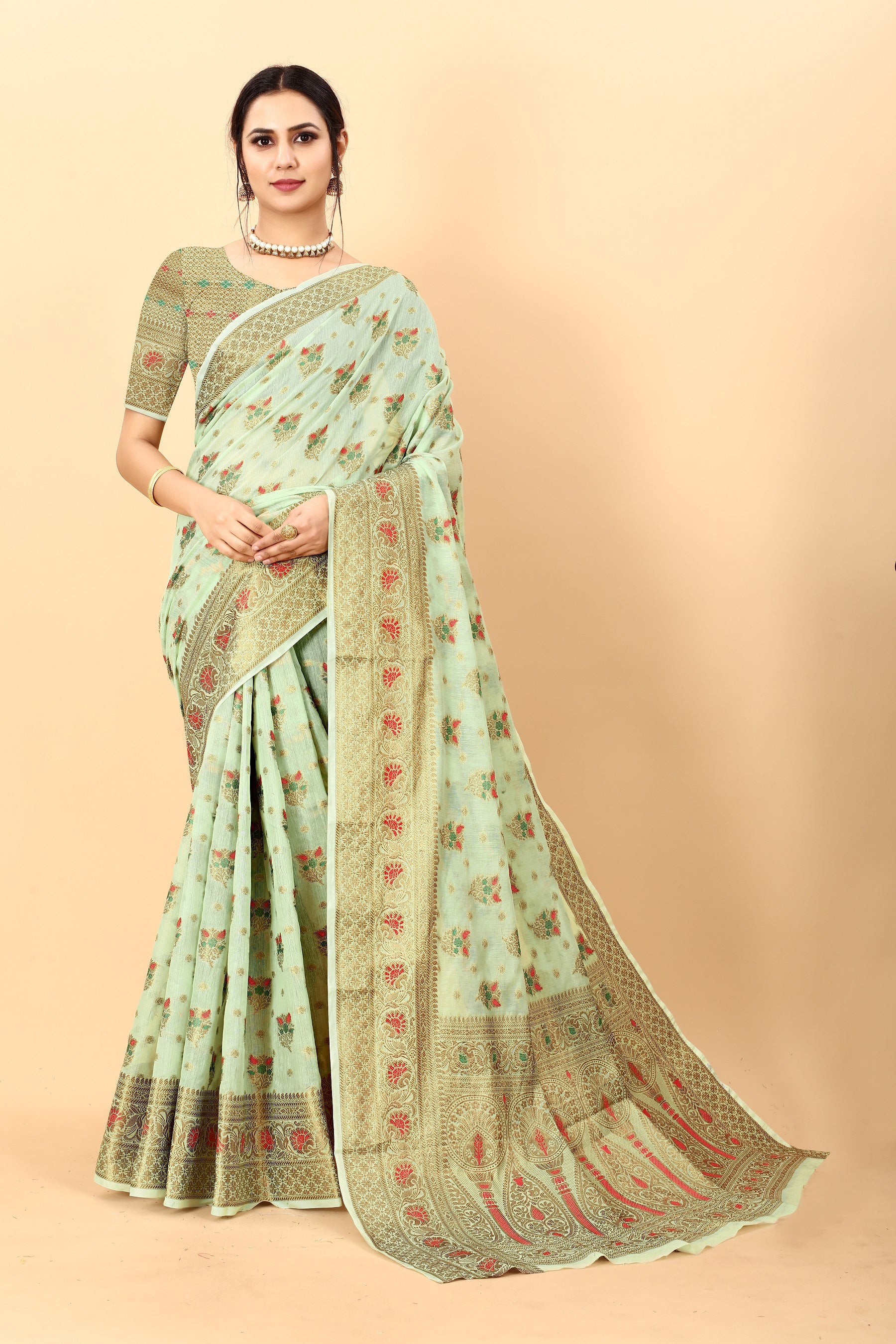 Vedant Vastram Soft Cotton Silk Kanjeevaram Saree - Pista - Distacart