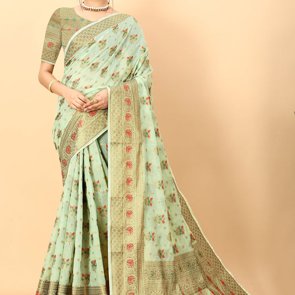 Vedant Vastram Soft Cotton Silk Kanjeevaram Saree - Pista - Distacart