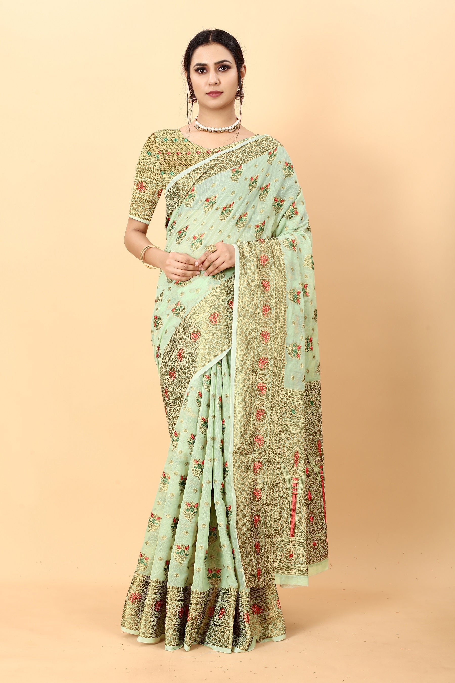 Vedant Vastram Soft Cotton Silk Kanjeevaram Saree - Pista - Distacart
