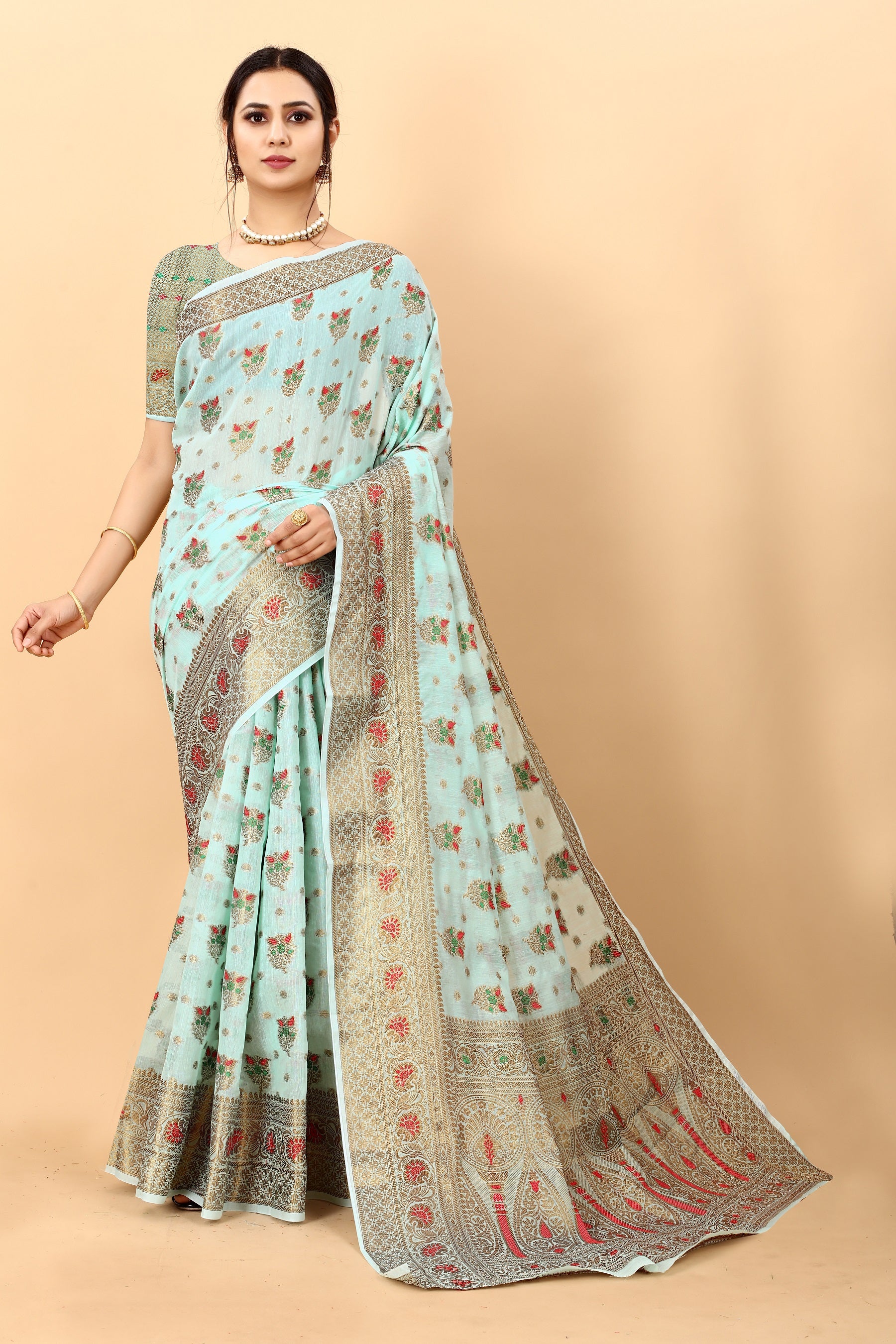 Vedant Vastram Soft Cotton Silk Kanjeevaram Saree - Turquoise - Distacart