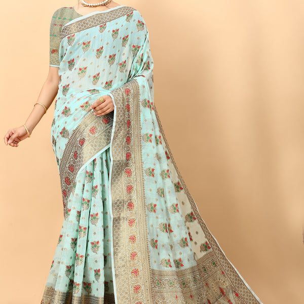 Vedant Vastram Soft Cotton Silk Kanjeevaram Saree - Turquoise - Distacart