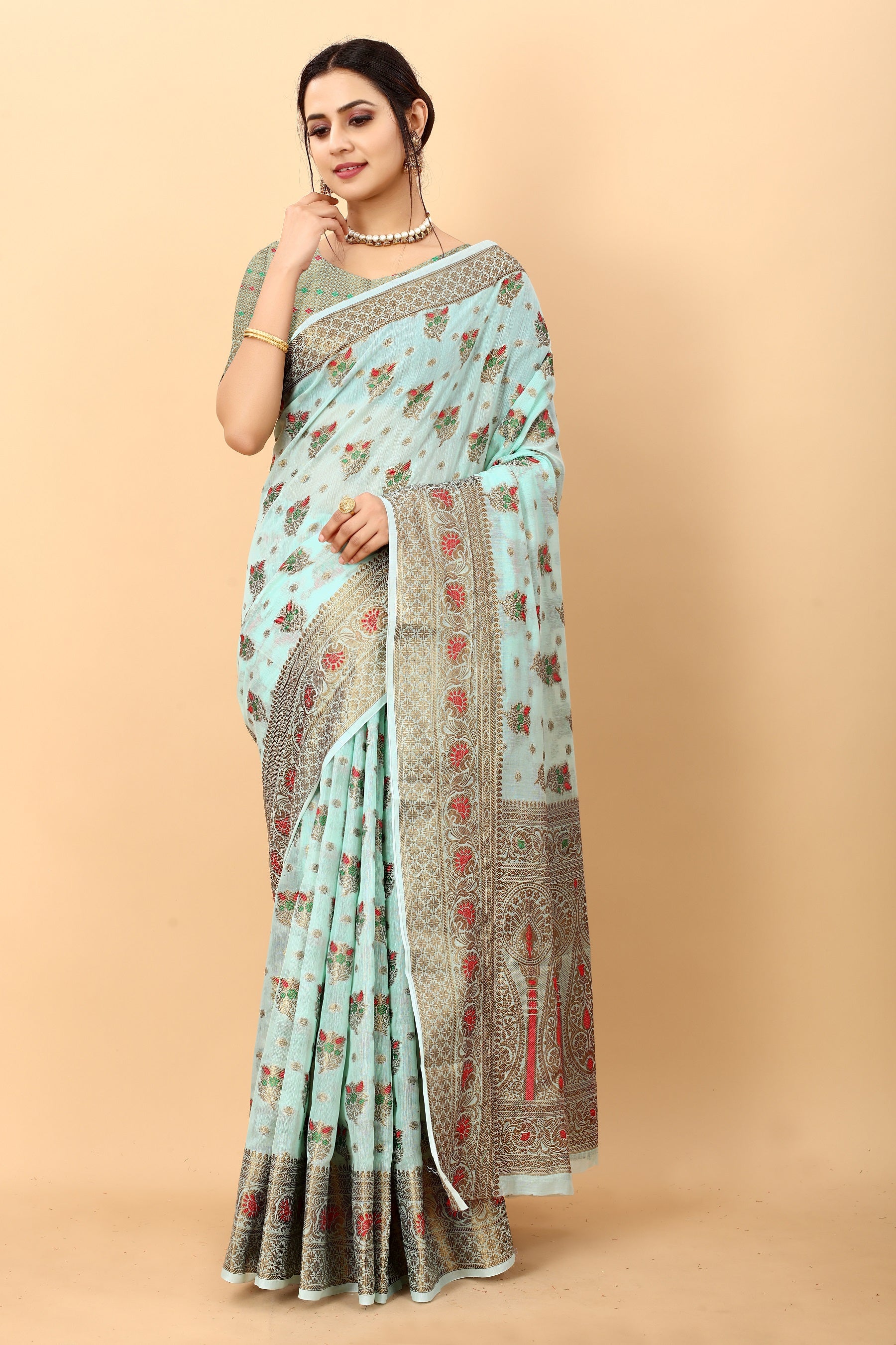 Vedant Vastram Soft Cotton Silk Kanjeevaram Saree - Turquoise - Distacart
