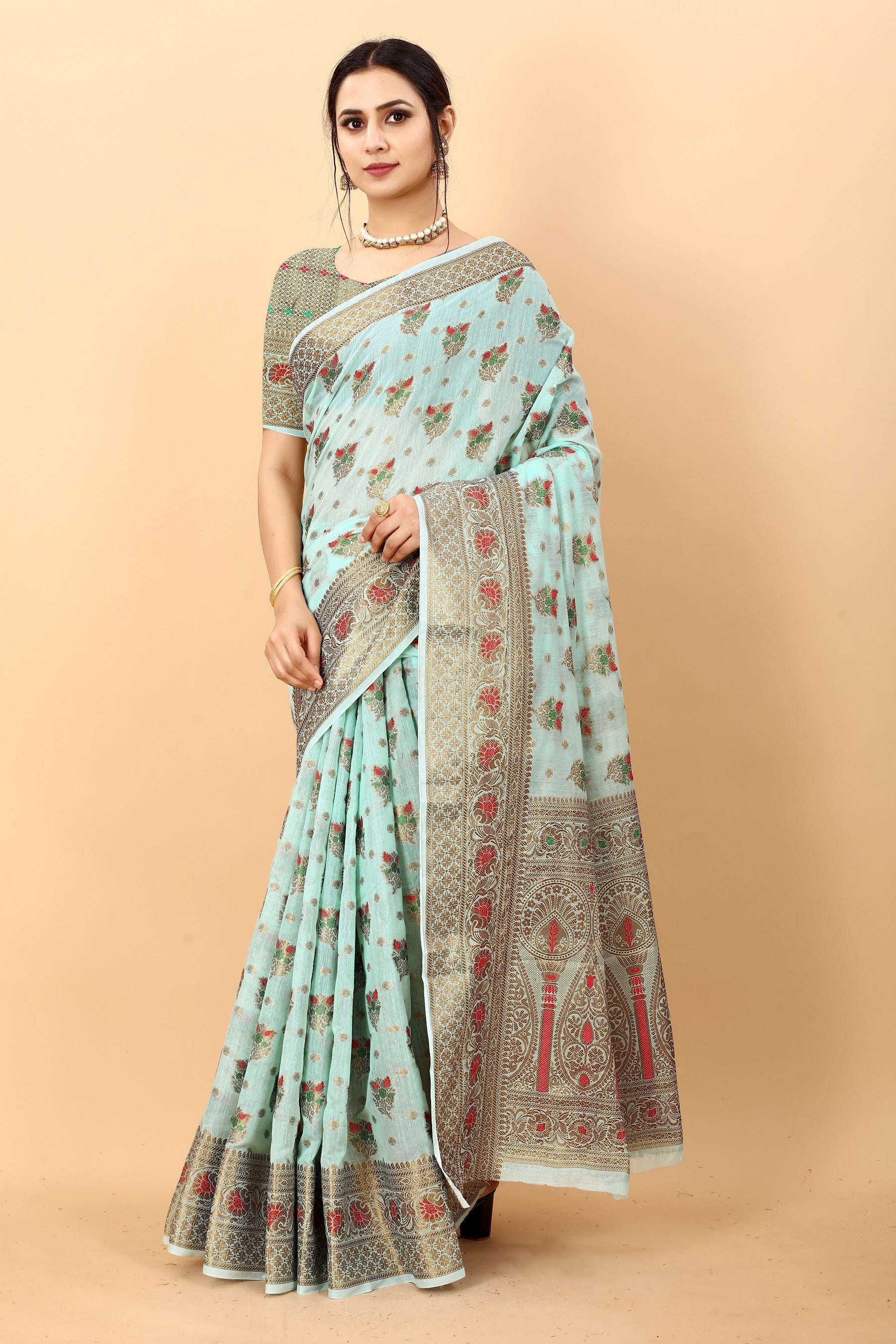 Vedant Vastram Soft Cotton Silk Kanjeevaram Saree - Turquoise - Distacart