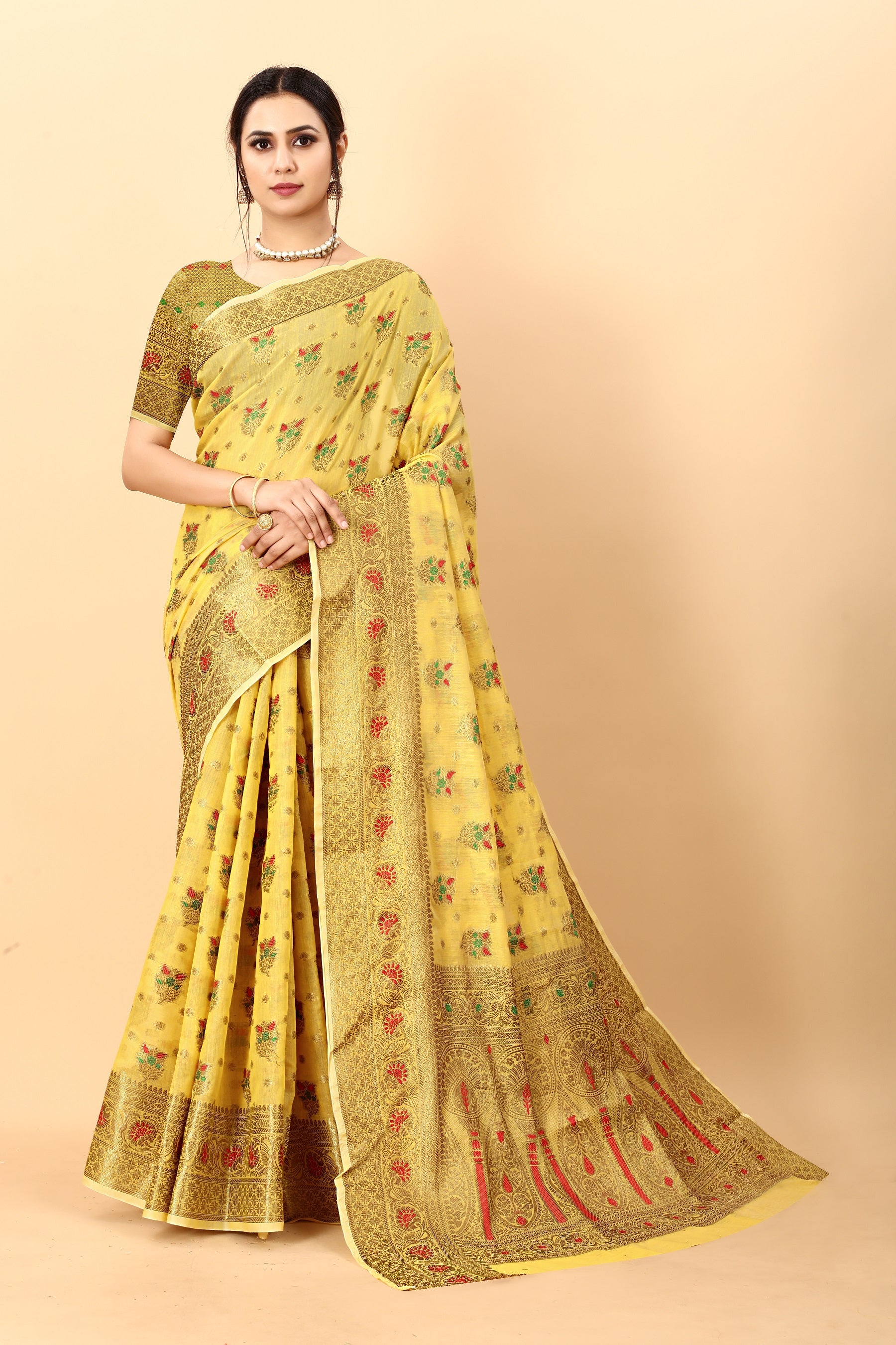 Vedant Vastram Soft Cotton Silk Kanjeevaram Saree - Yellow - Distacart