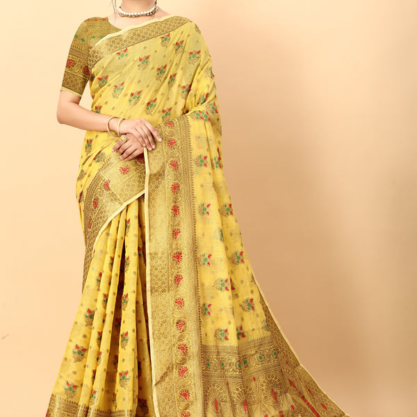 Vedant Vastram Soft Cotton Silk Kanjeevaram Saree - Yellow - Distacart