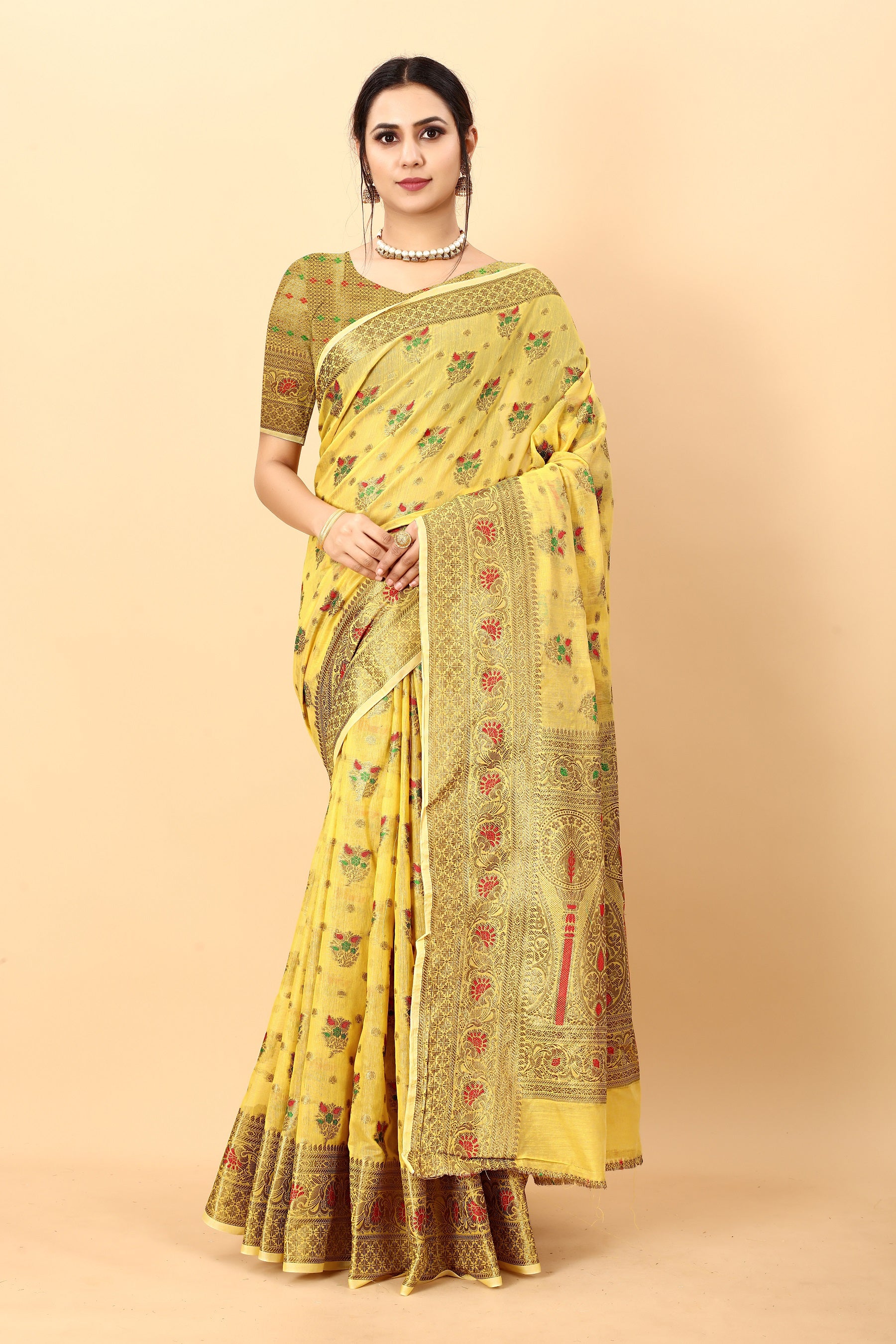 Vedant Vastram Soft Cotton Silk Kanjeevaram Saree - Yellow - Distacart