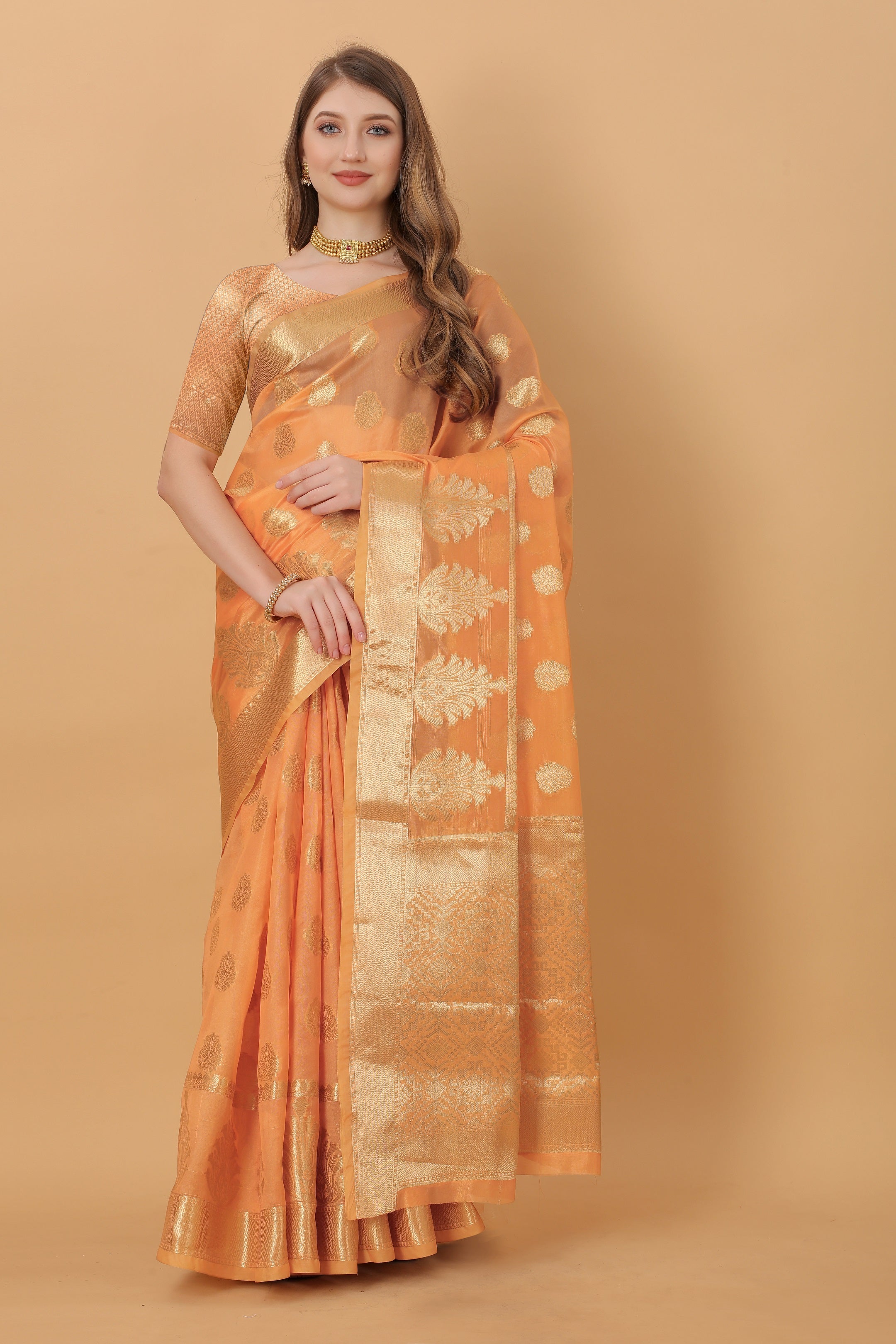 Vedant Vastram Organza Silk Banarasi Silk Saree - Orange - Distacart