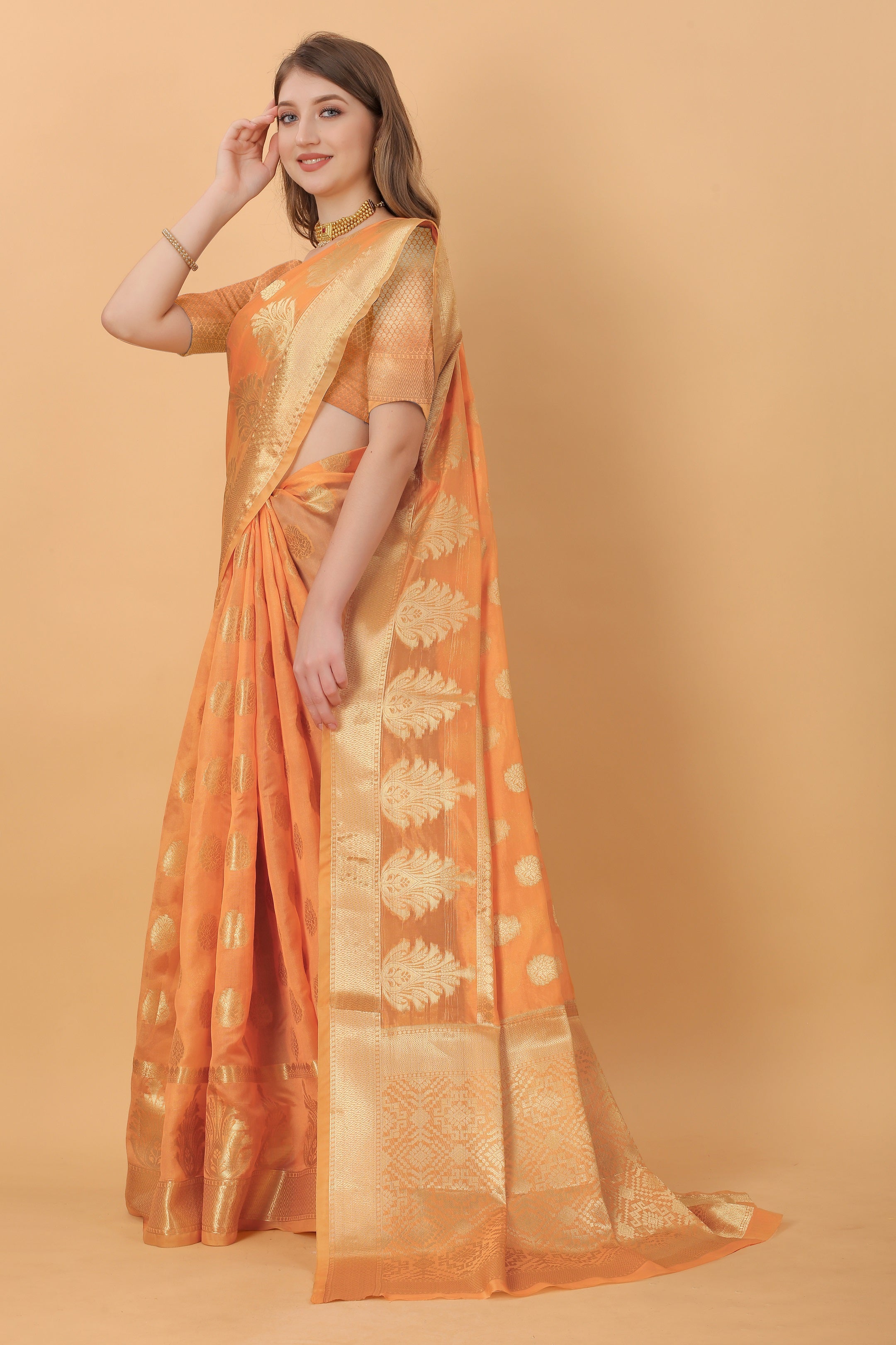 Vedant Vastram Organza Silk Banarasi Silk Saree - Orange - Distacart