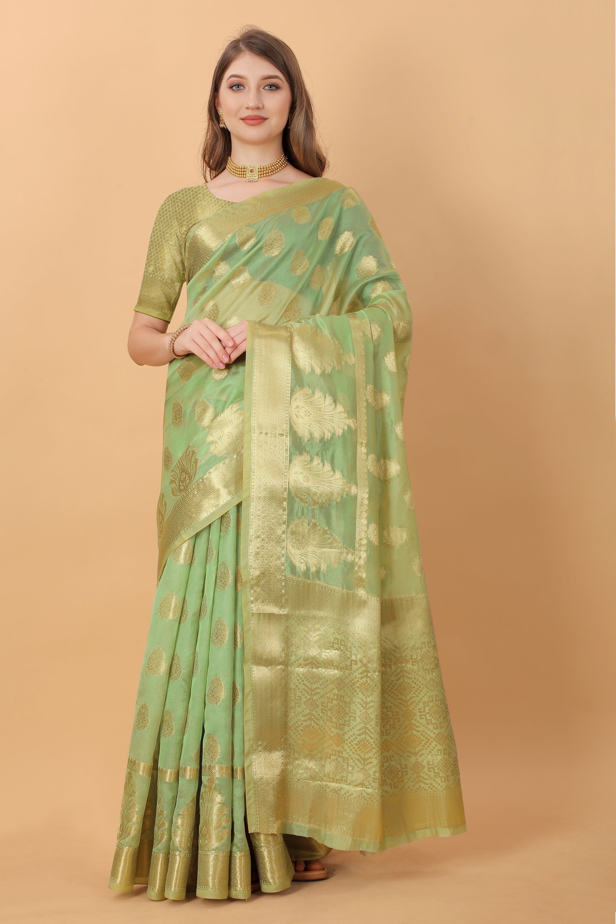 Vedant Vastram Organza Silk Banarasi Silk Saree - Parrot - Distacart
