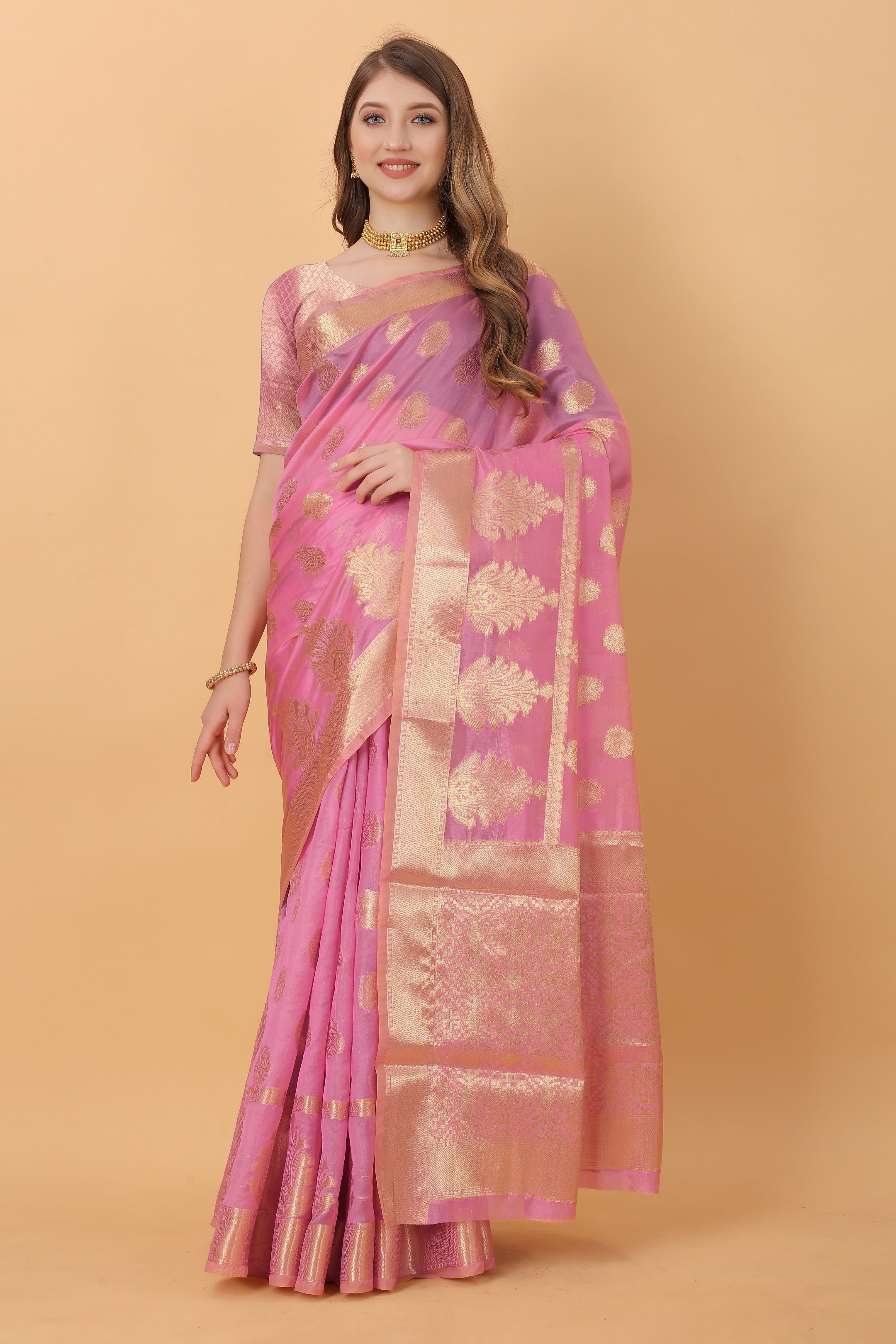 Vedant Vastram Organza Silk Banarasi Silk Saree - Pink - Distacart