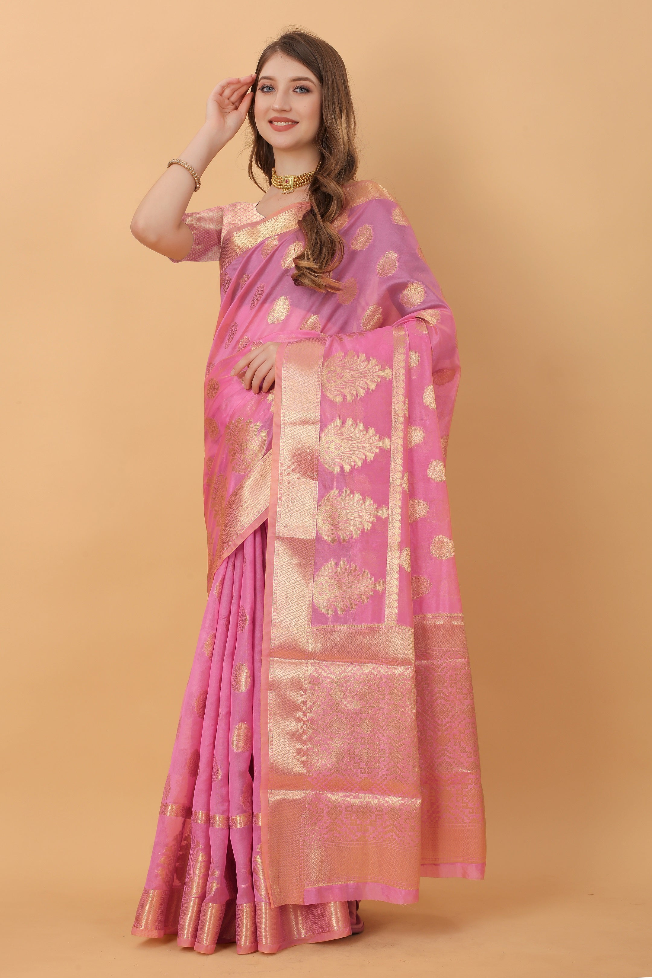 Vedant Vastram Organza Silk Banarasi Silk Saree - Pink - Distacart