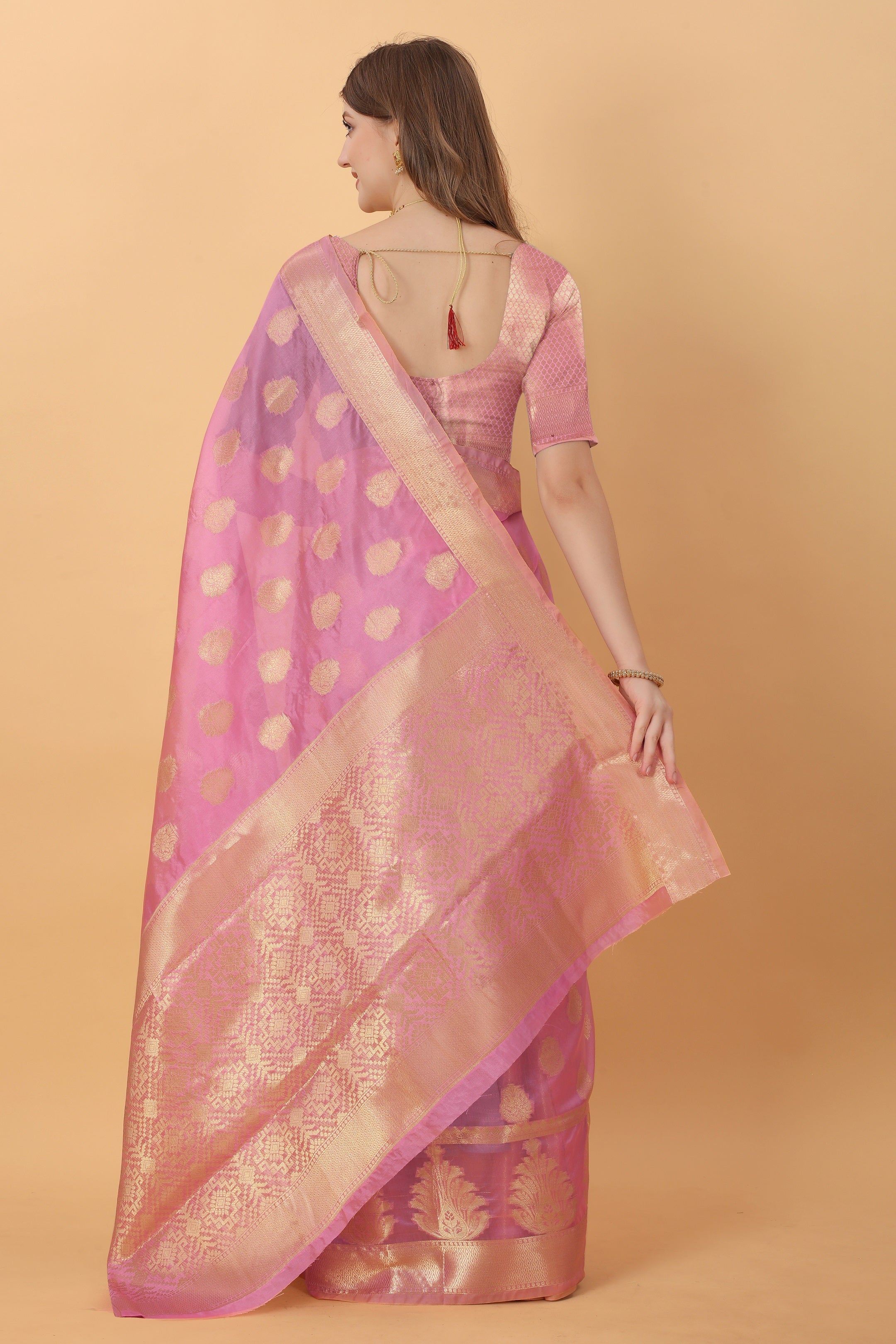 Vedant Vastram Organza Silk Banarasi Silk Saree - Pink - Distacart