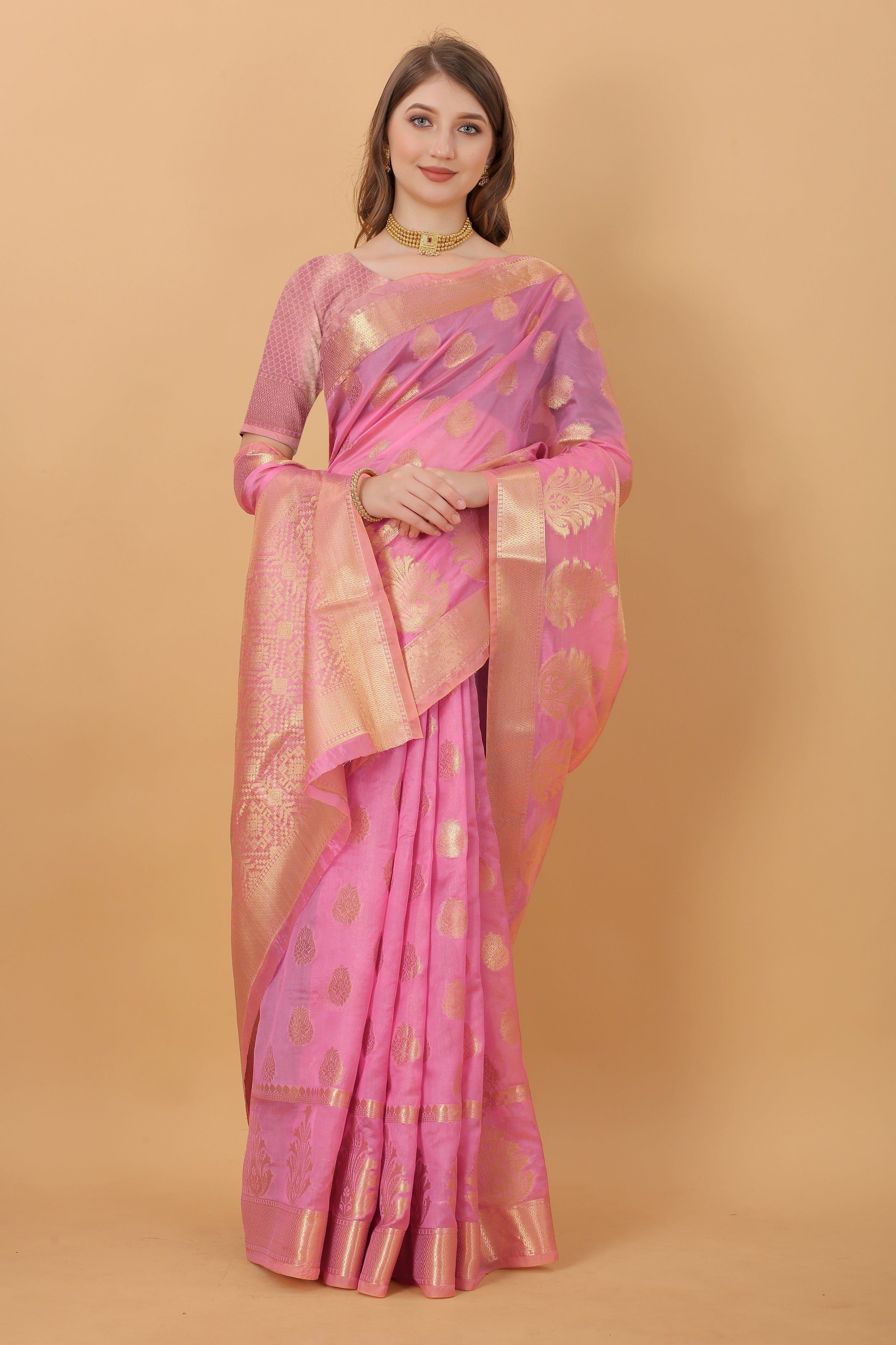 Vedant Vastram Organza Silk Banarasi Silk Saree - Pink - Distacart