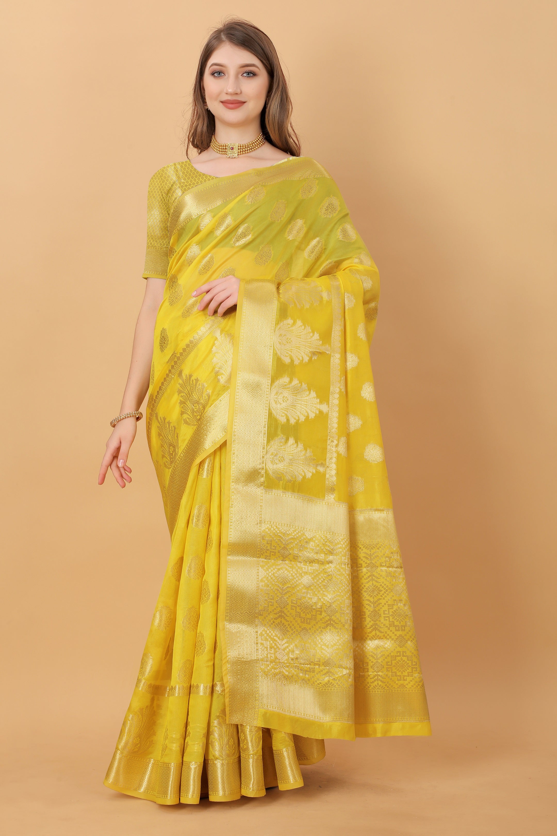 Vedant Vastram Organza Silk Banarasi Silk Saree - Yellow - Distacart