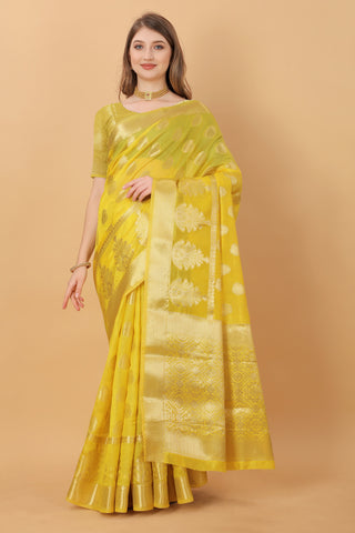 Vedant Vastram Organza Silk Banarasi Silk Saree - Yellow - Distacart
