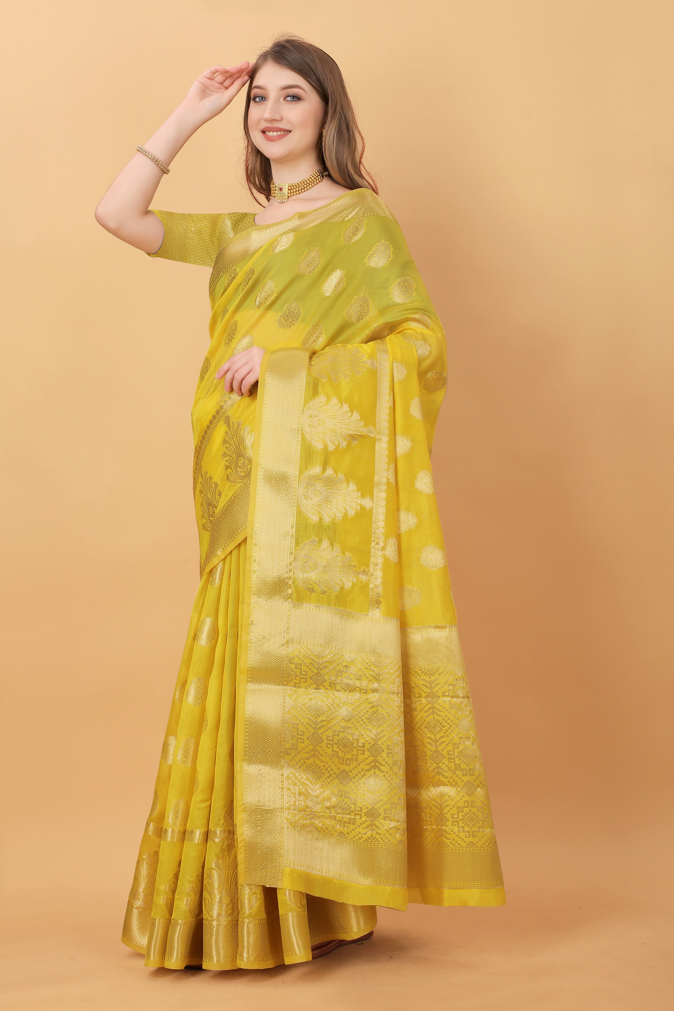 Vedant Vastram Organza Silk Banarasi Silk Saree - Yellow - Distacart