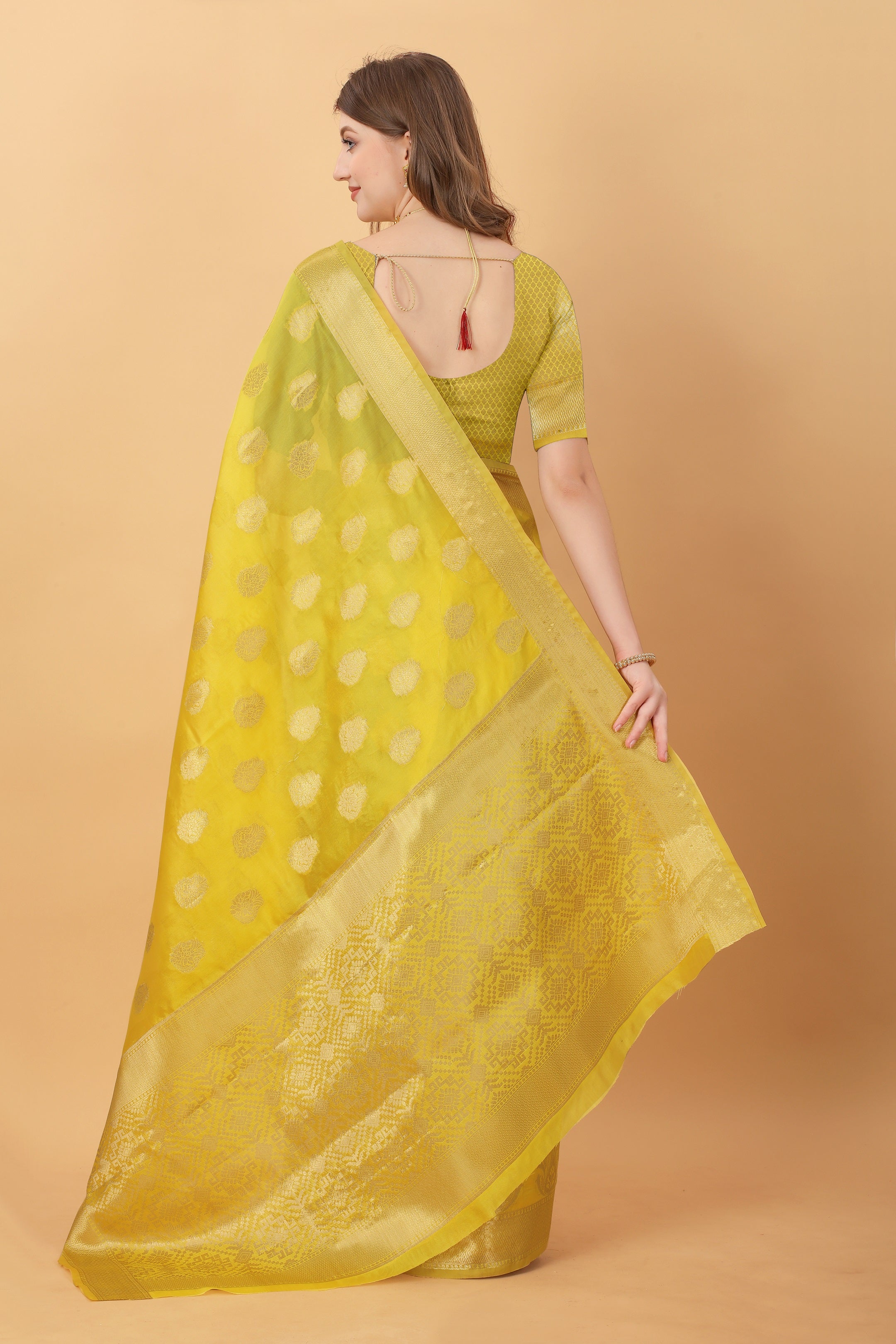 Vedant Vastram Organza Silk Banarasi Silk Saree - Yellow - Distacart