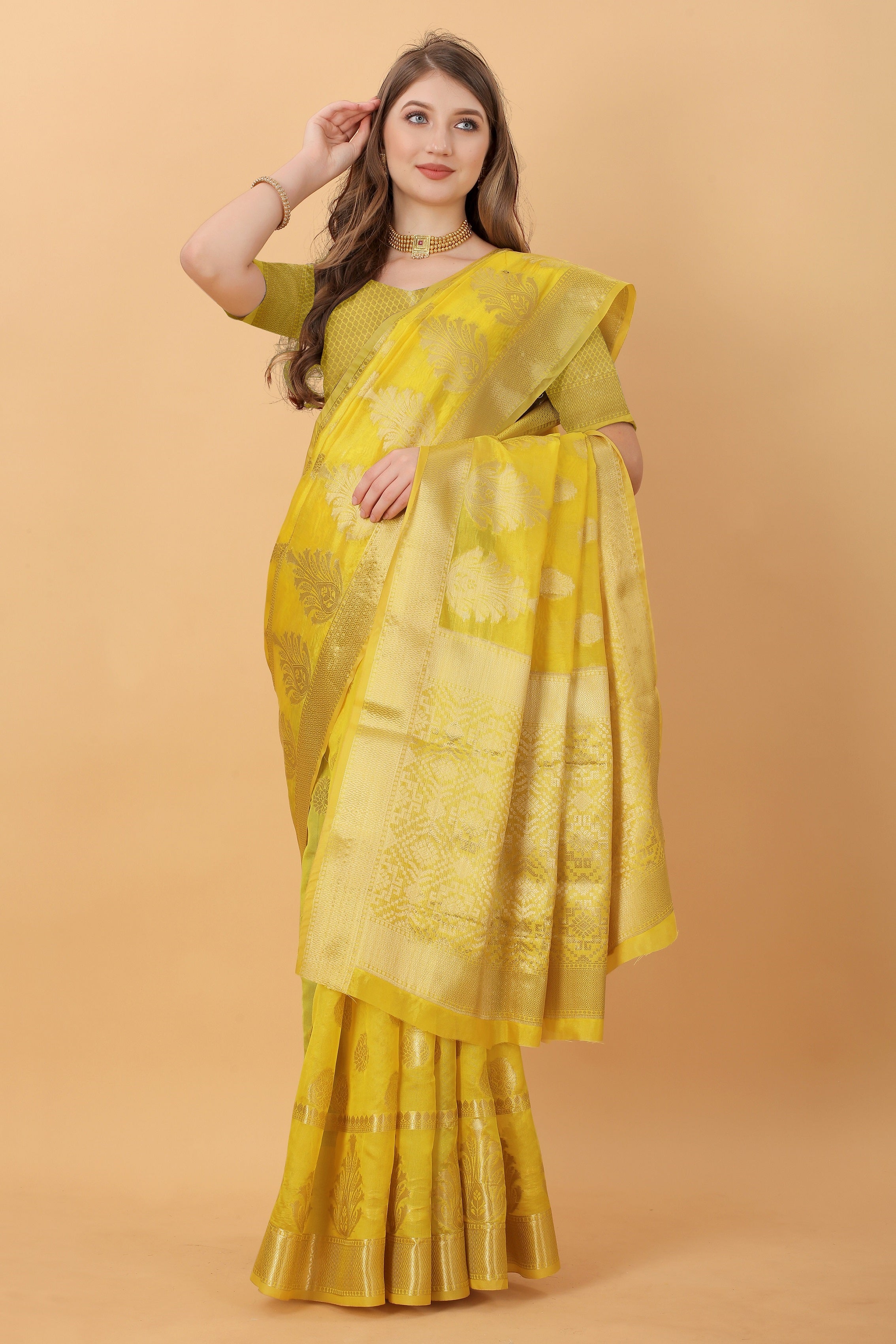 Vedant Vastram Organza Silk Banarasi Silk Saree - Yellow - Distacart