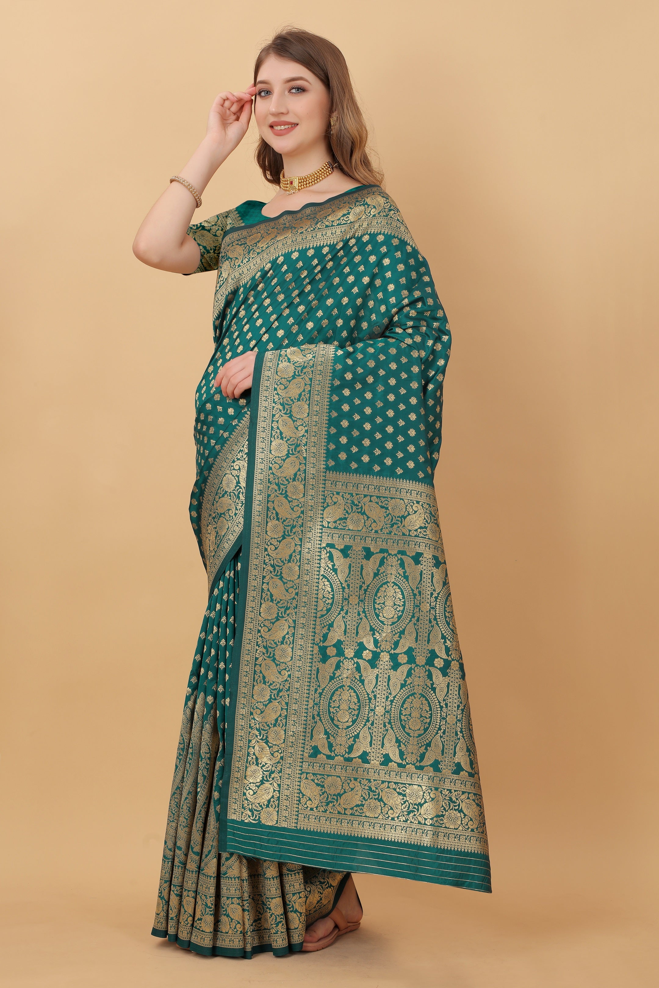 Vedant Vastram Soft Litchi Silk Kanjeevaram Saree - Green - Distacart