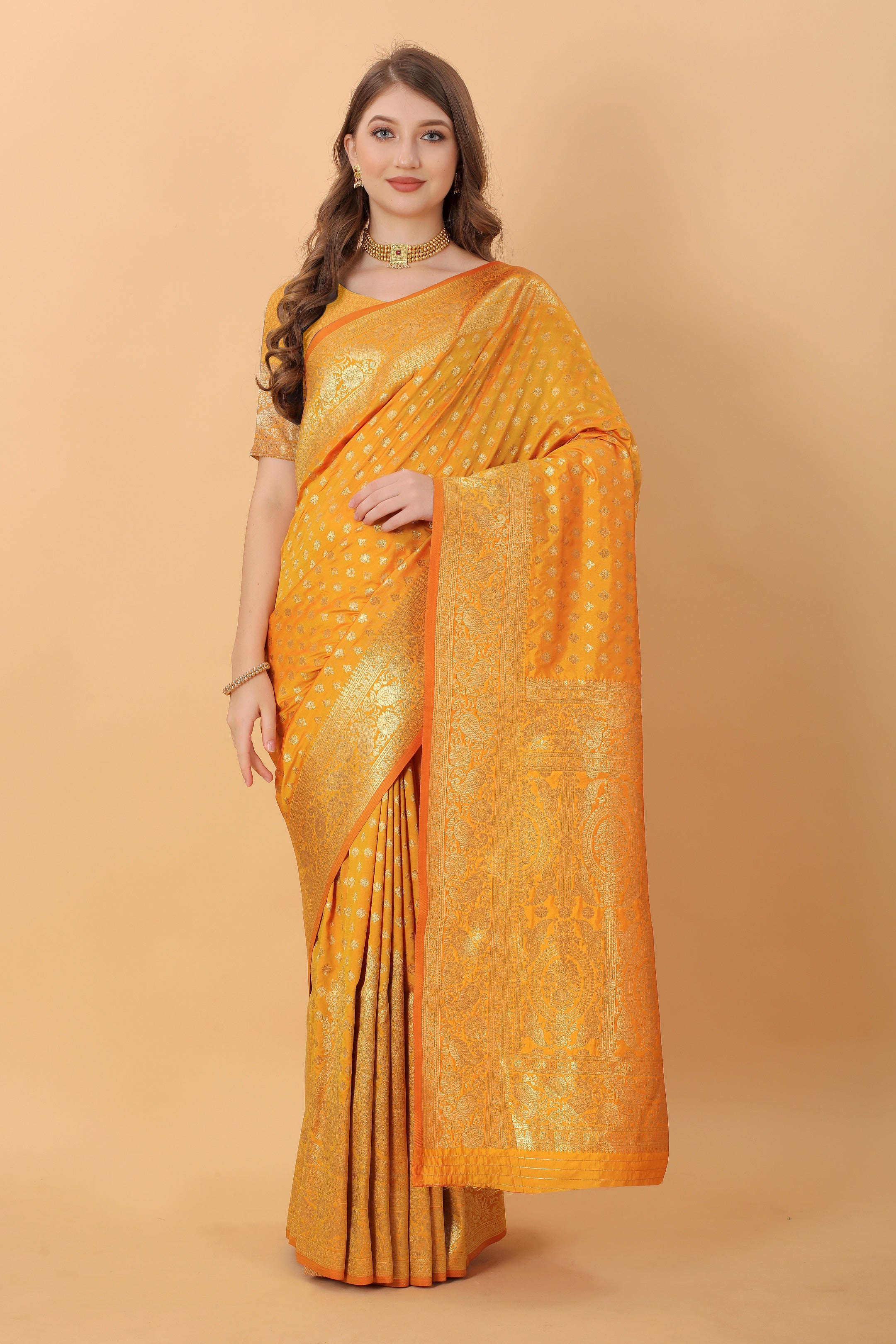 Vedant Vastram Soft Litchi Silk Kanjeevaram Saree - Mustard - Distacart
