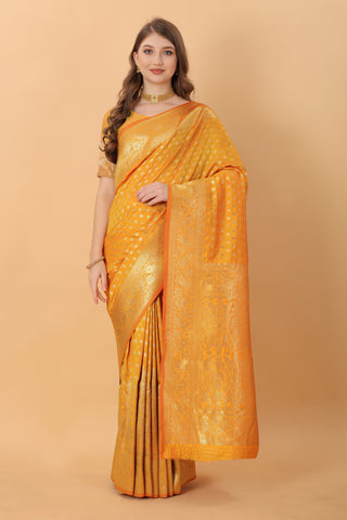 Vedant Vastram Soft Litchi Silk Kanjeevaram Saree - Mustard - Distacart