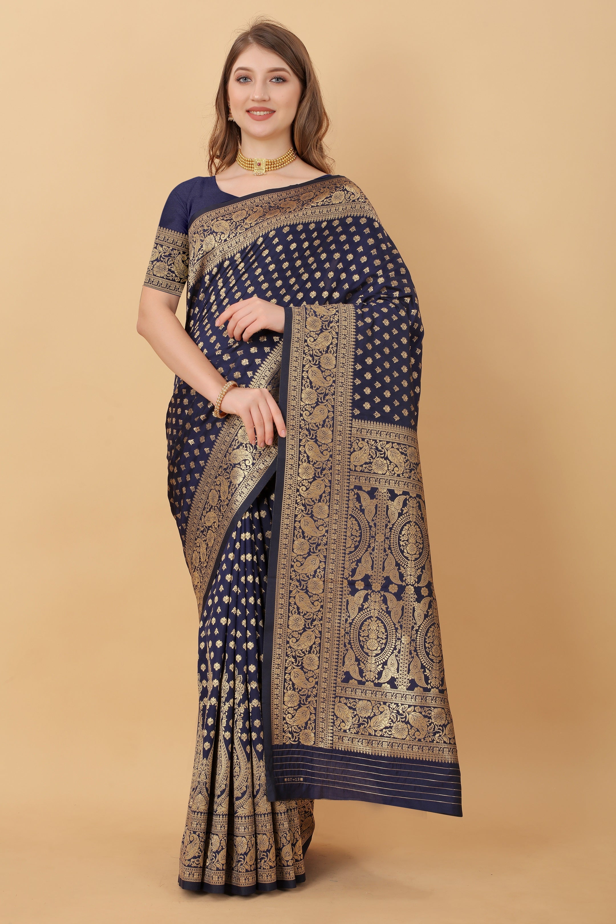Vedant Vastram Soft Litchi Silk Kanjeevaram Saree - Navy - Distacart