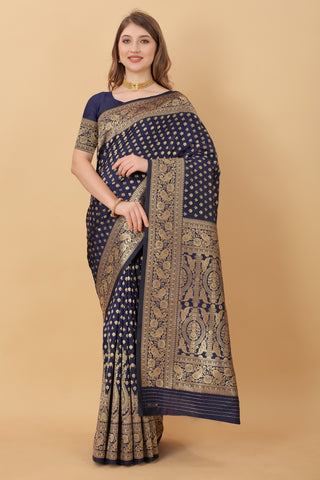 Vedant Vastram Soft Litchi Silk Kanjeevaram Saree - Navy - Distacart