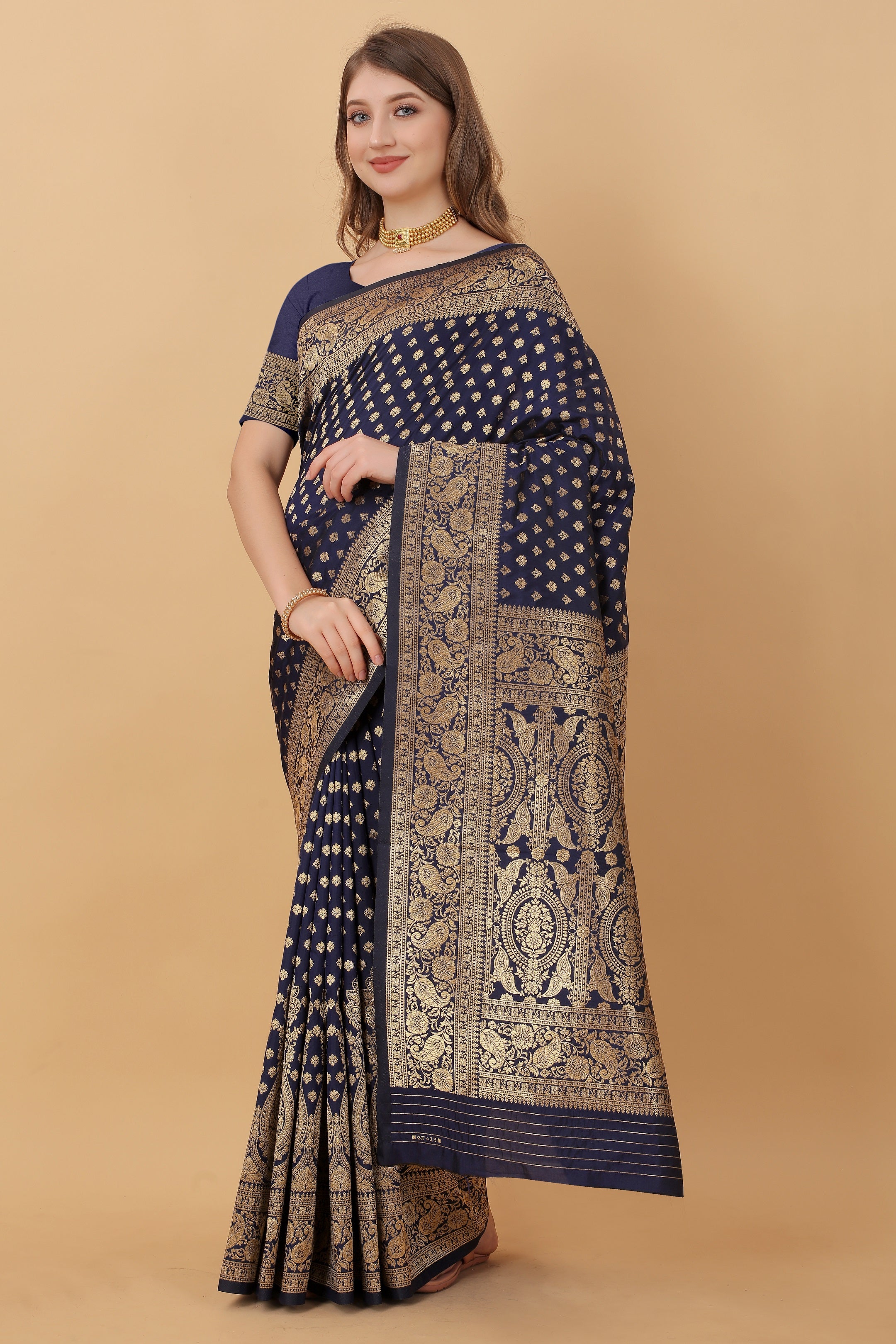 Vedant Vastram Soft Litchi Silk Kanjeevaram Saree - Navy - Distacart