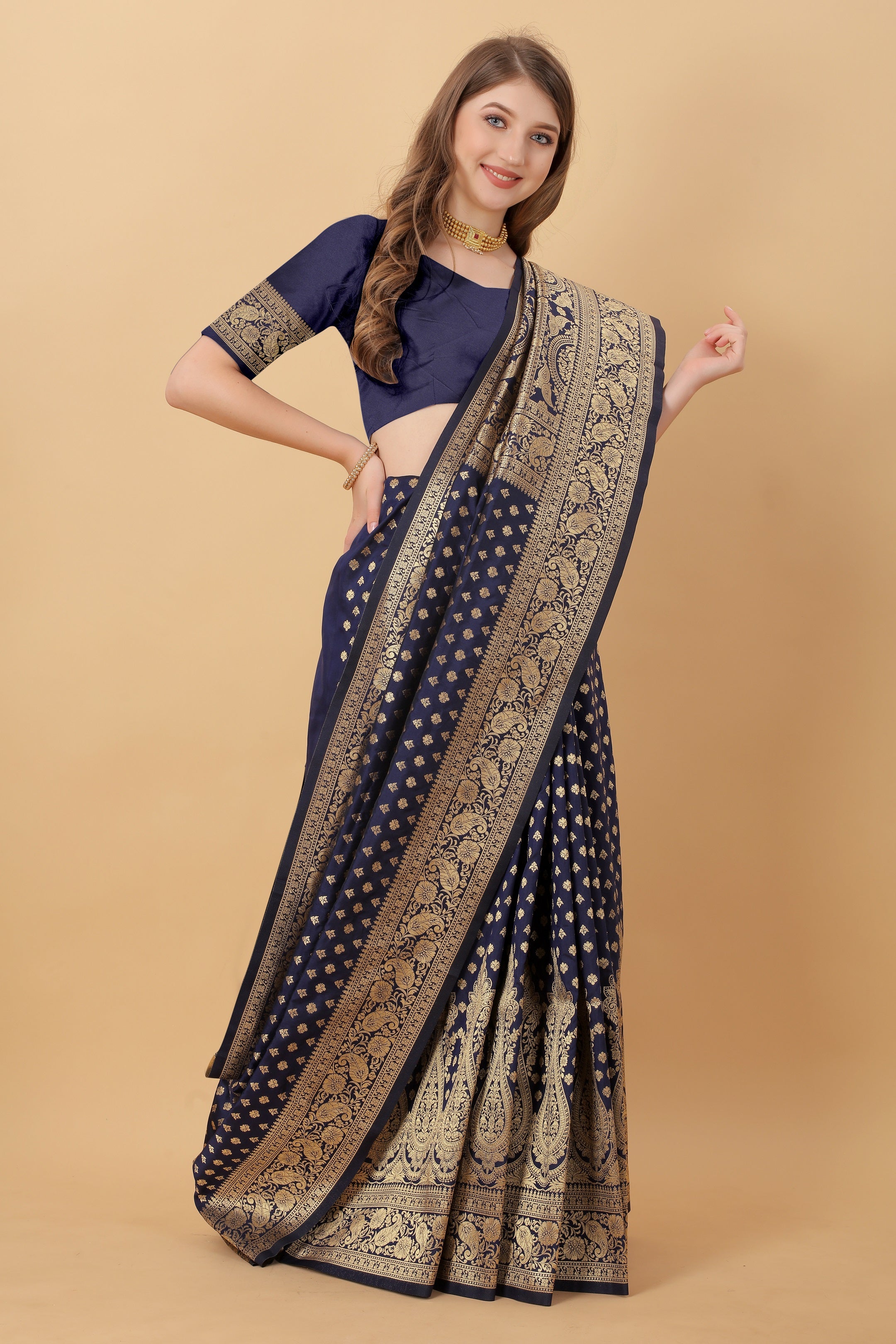 Vedant Vastram Soft Litchi Silk Kanjeevaram Saree - Navy - Distacart