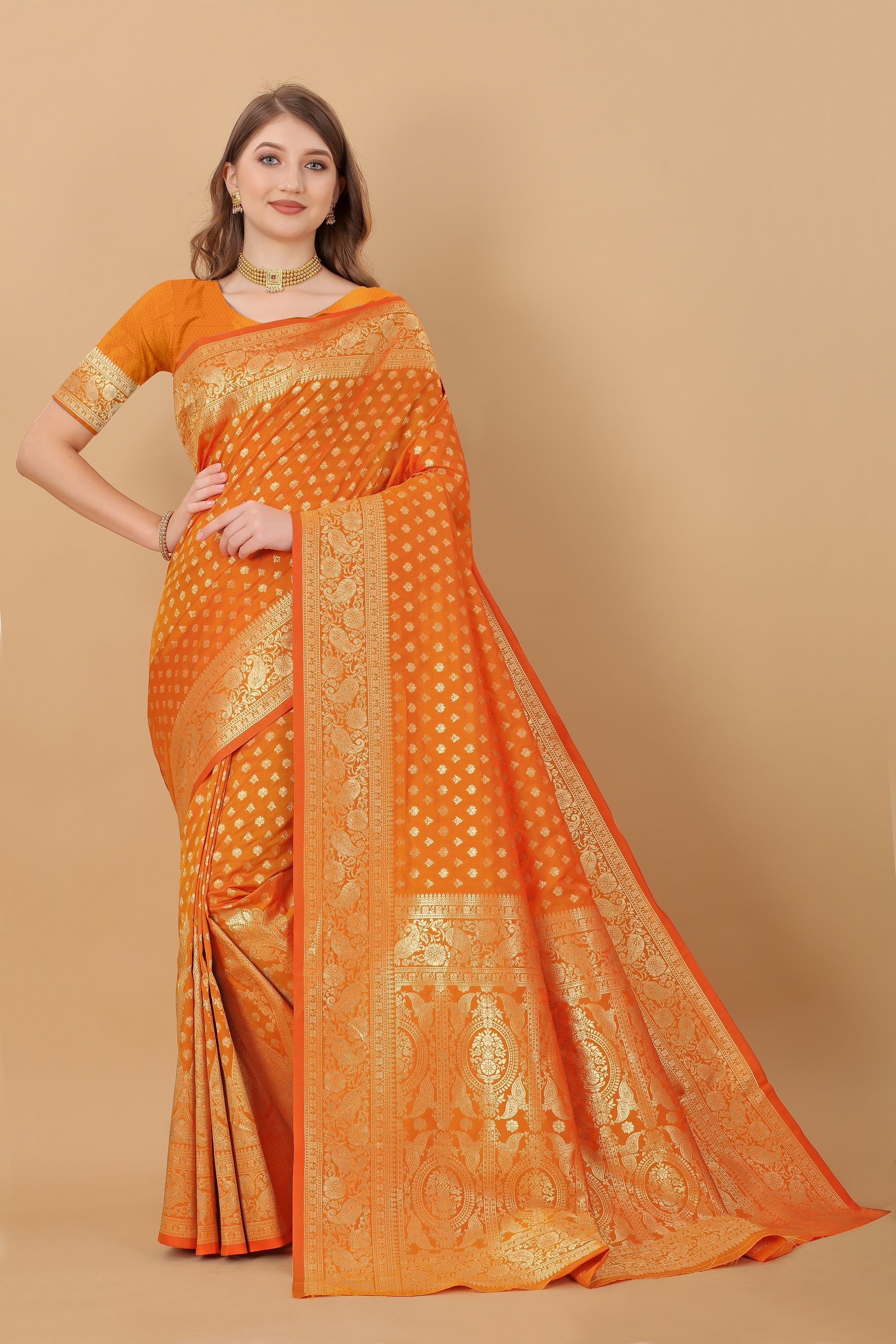 Vedant Vastram Soft Litchi Silk Kanjeevaram Saree - Orange - Distacart