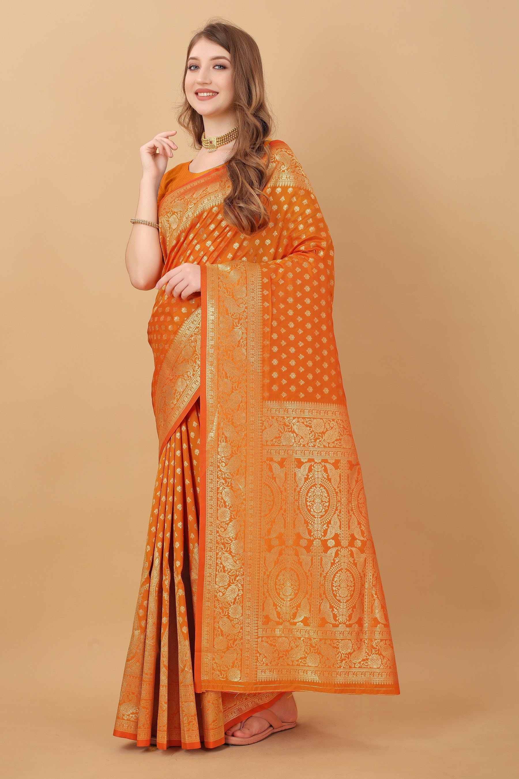 Vedant Vastram Soft Litchi Silk Kanjeevaram Saree - Orange - Distacart