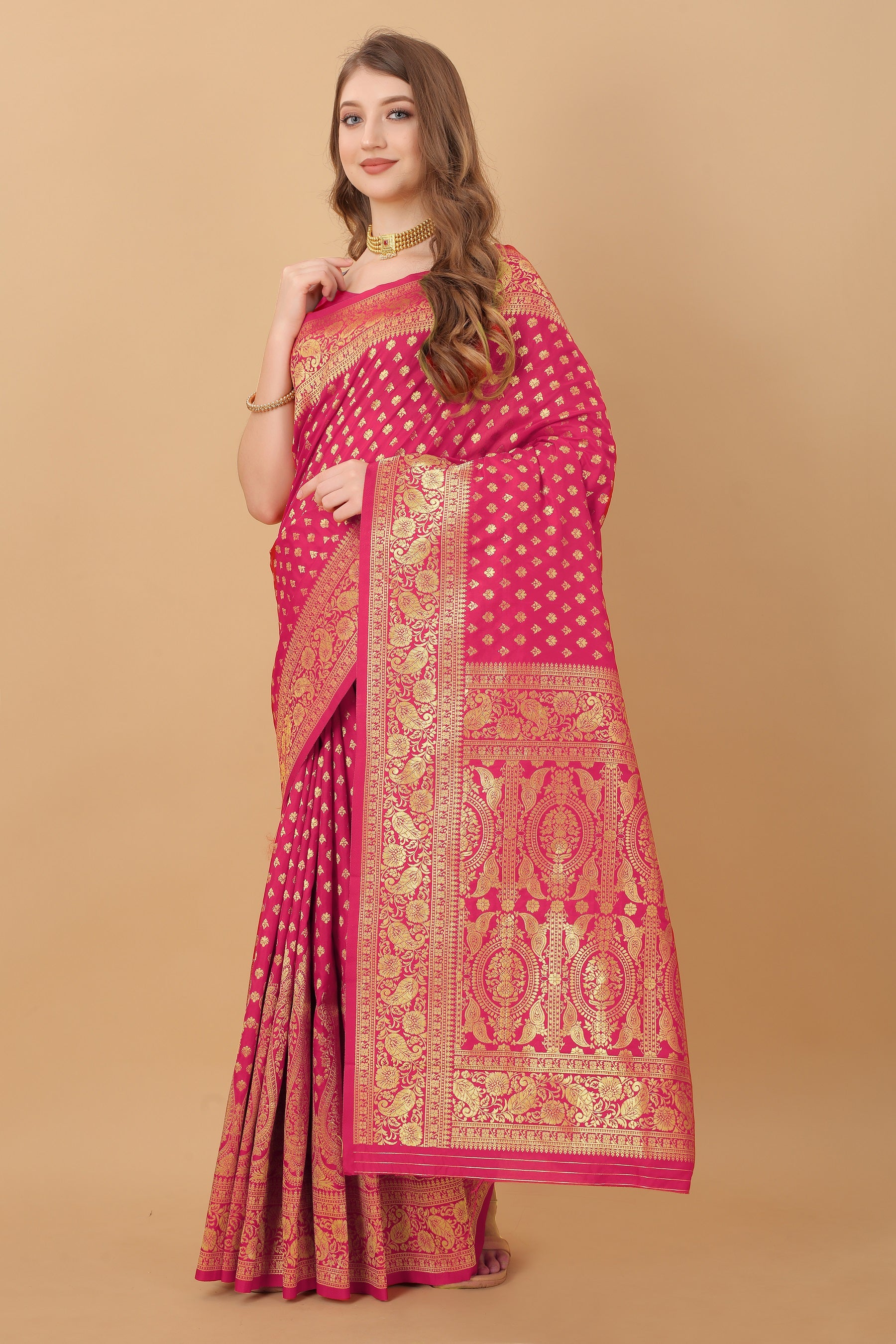 Vedant Vastram Soft Litchi Silk Kanjeevaram Saree - Pink - Distacart