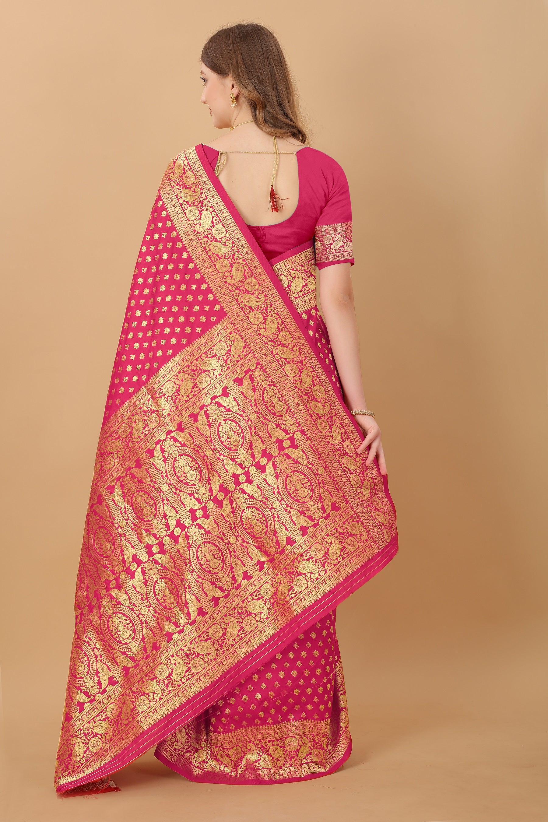 Vedant Vastram Soft Litchi Silk Kanjeevaram Saree - Pink - Distacart