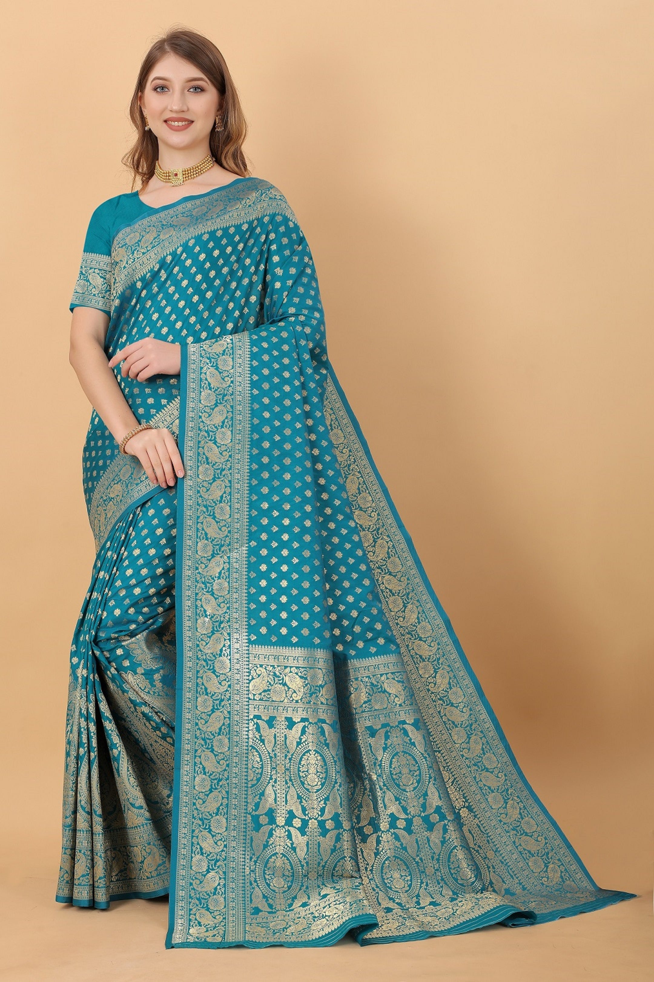 Vedant Vastram Soft Litchi Silk Kanjeevaram Saree - Rama - Distacart