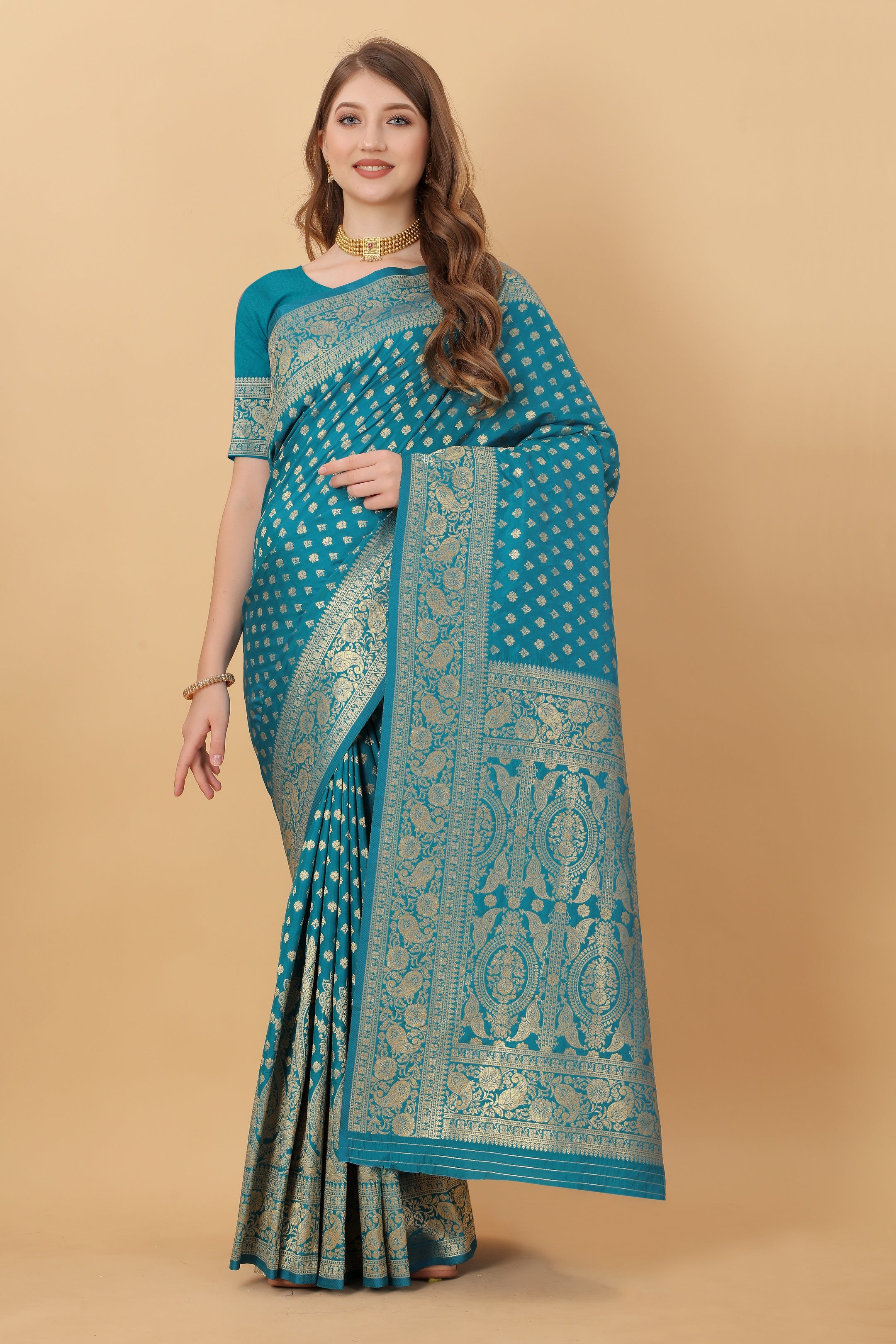 Vedant Vastram Soft Litchi Silk Kanjeevaram Saree - Rama - Distacart