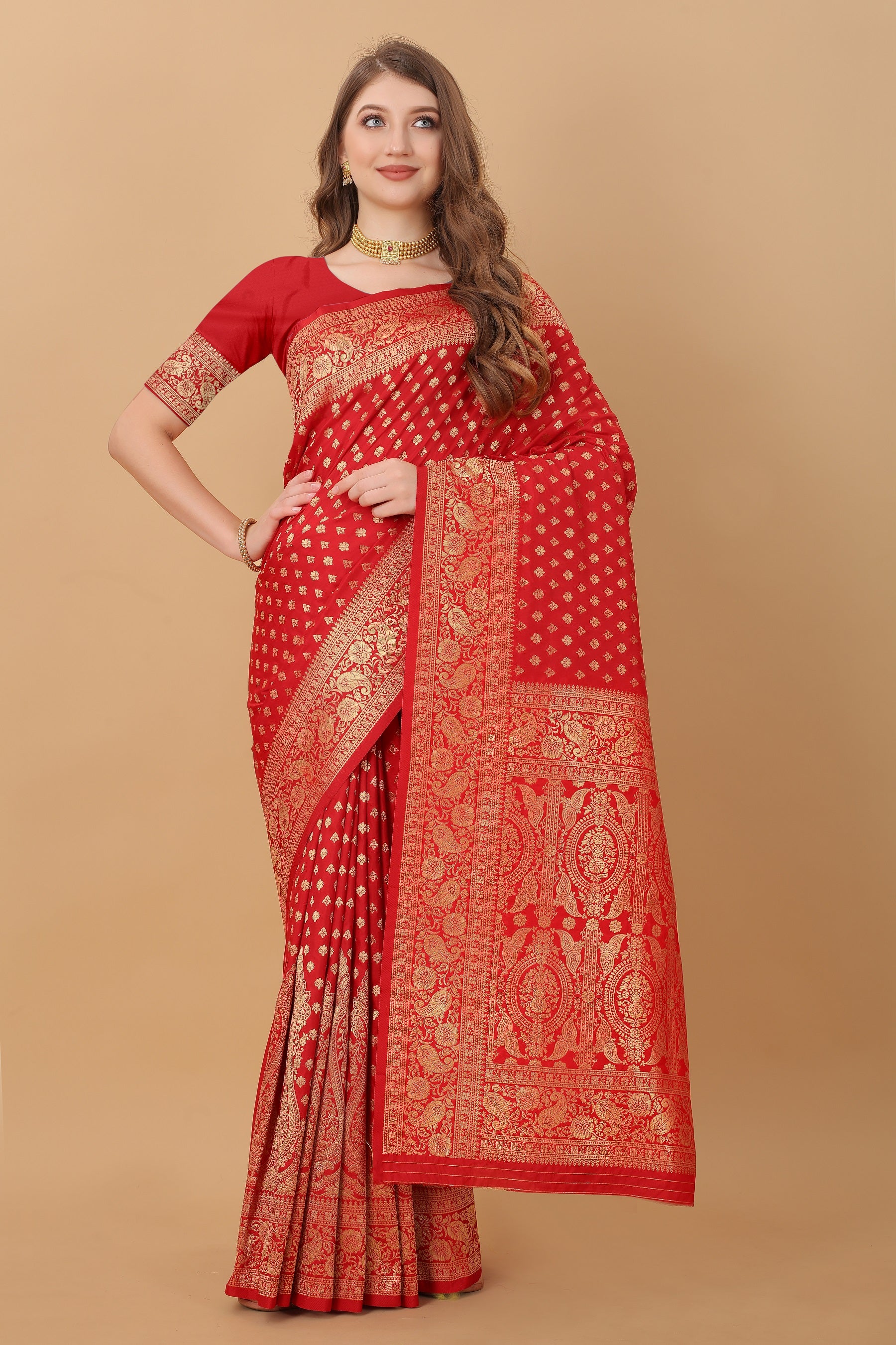 Vedant Vastram Soft Litchi Silk Kanjeevaram Saree - Red - Distacart