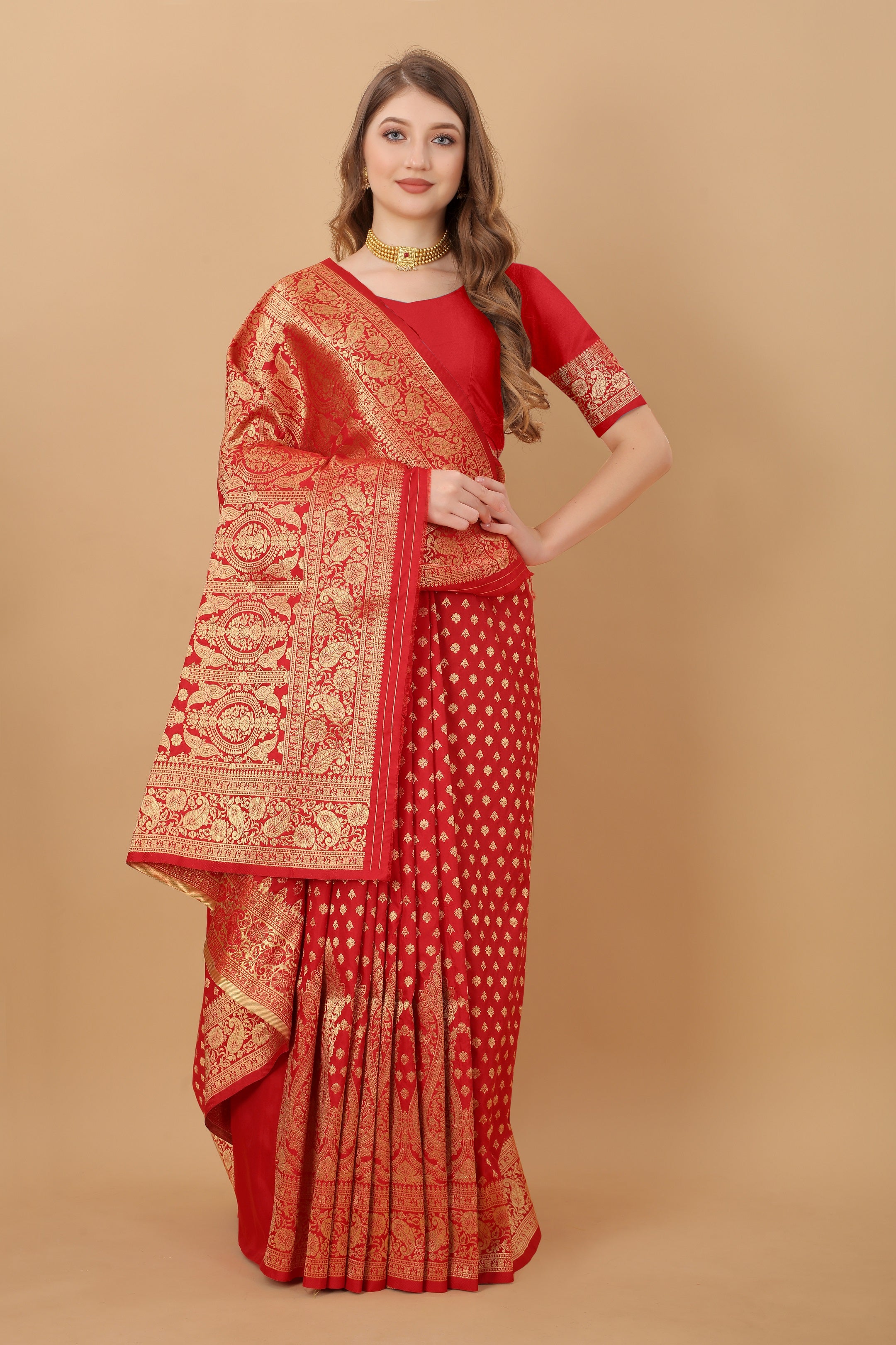 Vedant Vastram Soft Litchi Silk Kanjeevaram Saree - Red - Distacart