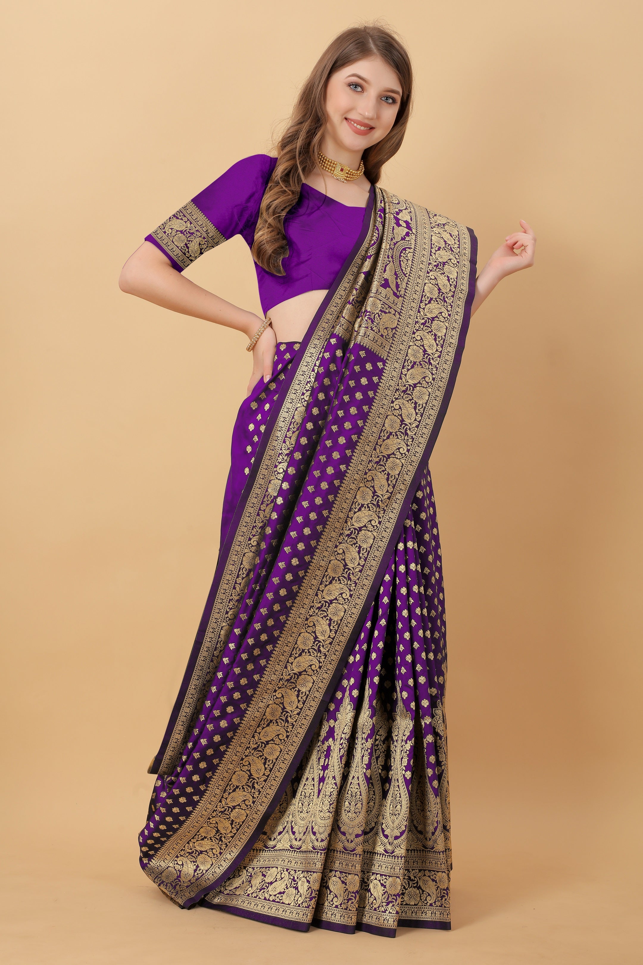 Vedant Vastram Soft Litchi Silk Kanjeevaram Saree - Violet - Distacart