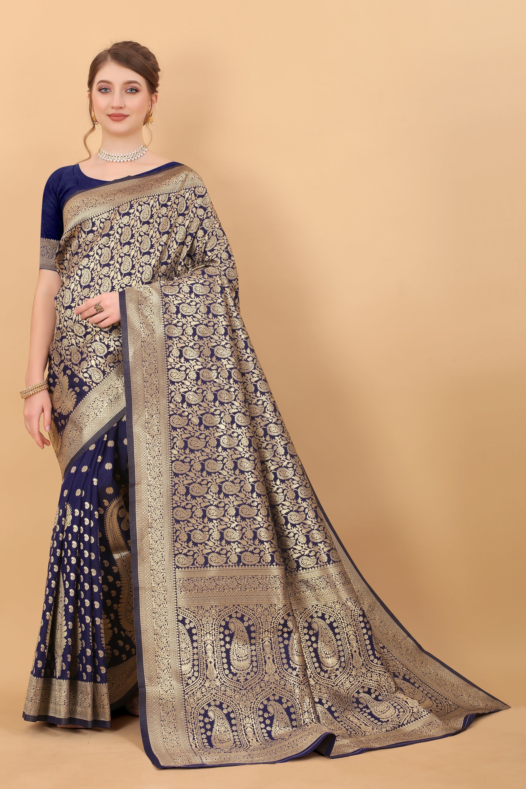 Vedant Vastram Soft Litchi Silk Kanjeevaram Saree - Navy - Distacart
