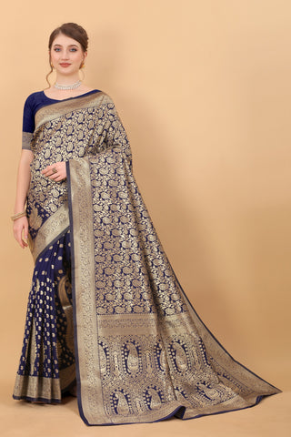 Vedant Vastram Soft Litchi Silk Kanjeevaram Saree - Navy - Distacart