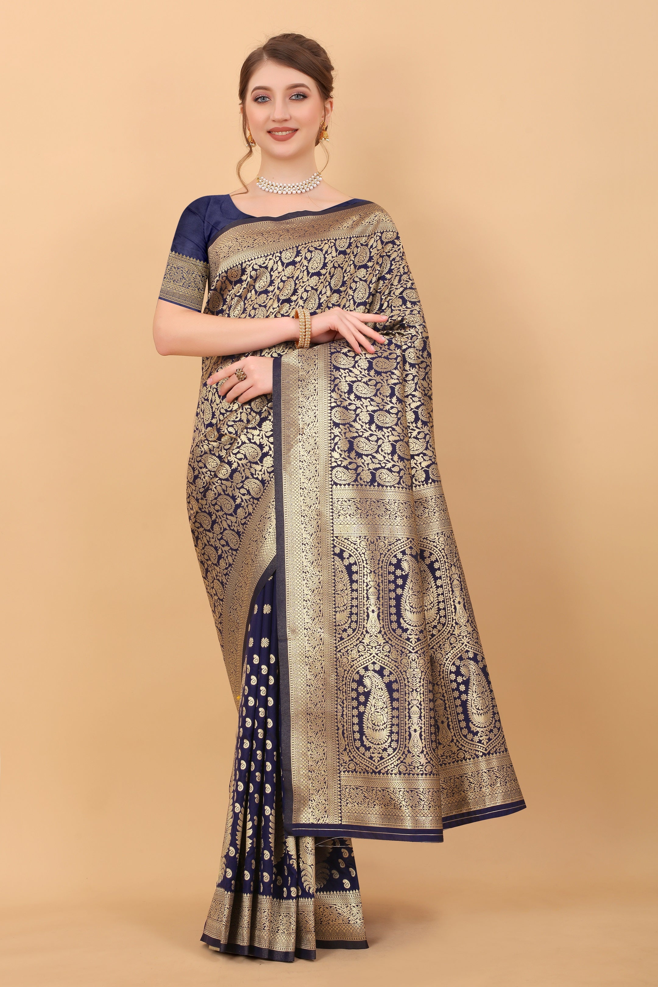 Vedant Vastram Soft Litchi Silk Kanjeevaram Saree - Navy - Distacart