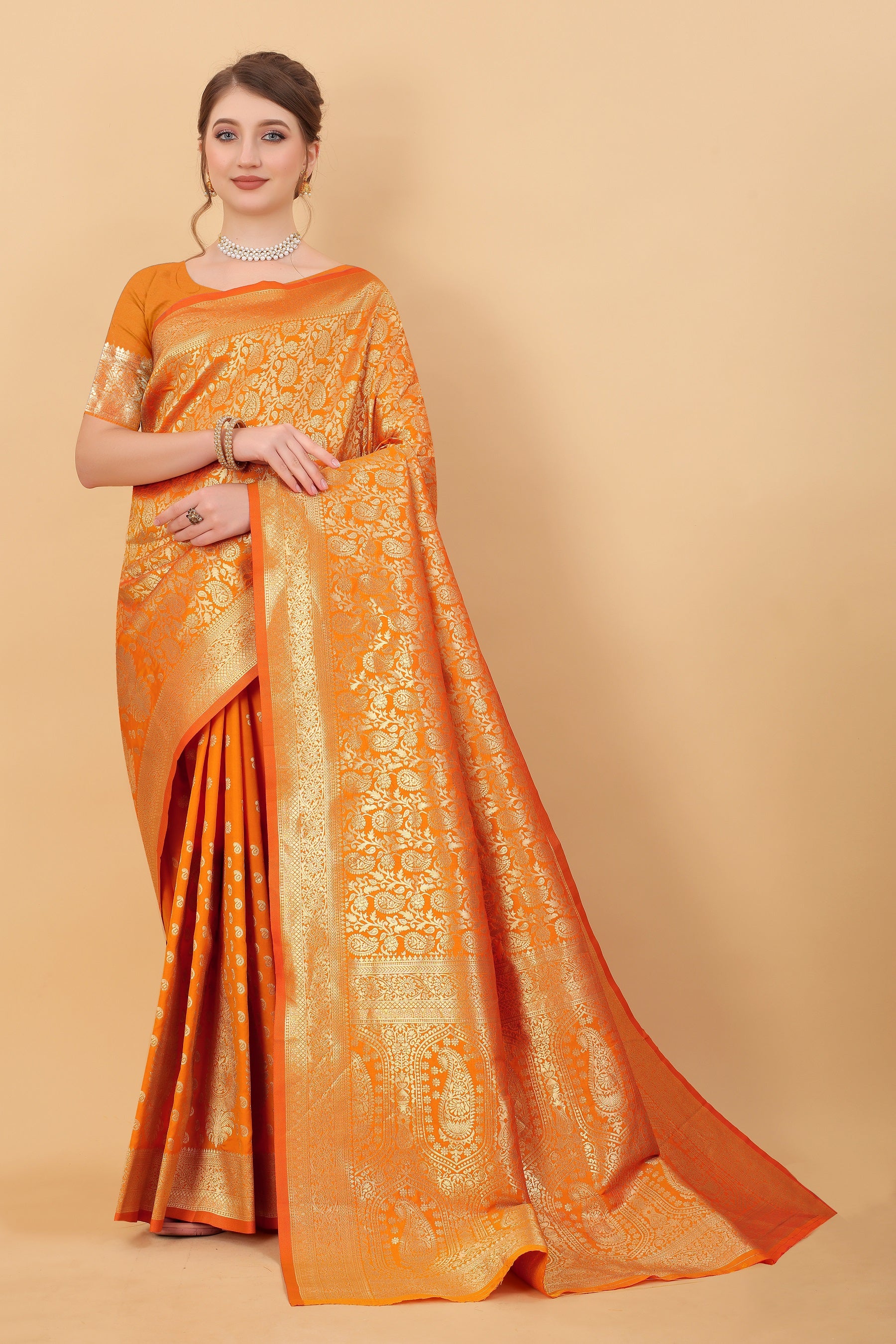 Vedant Vastram Soft Litchi Silk Kanjeevaram Saree - Orange - Distacart