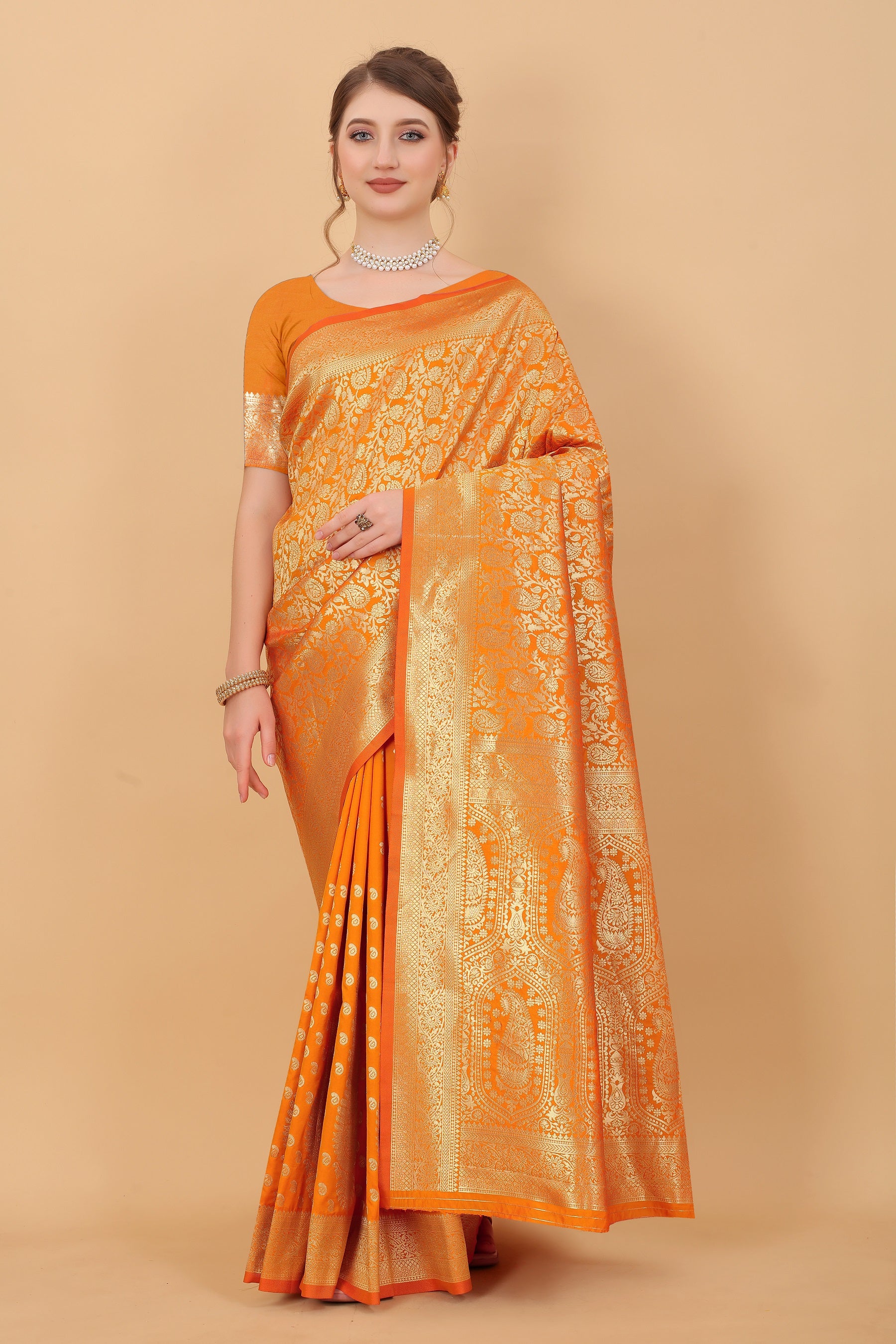 Vedant Vastram Soft Litchi Silk Kanjeevaram Saree - Orange - Distacart