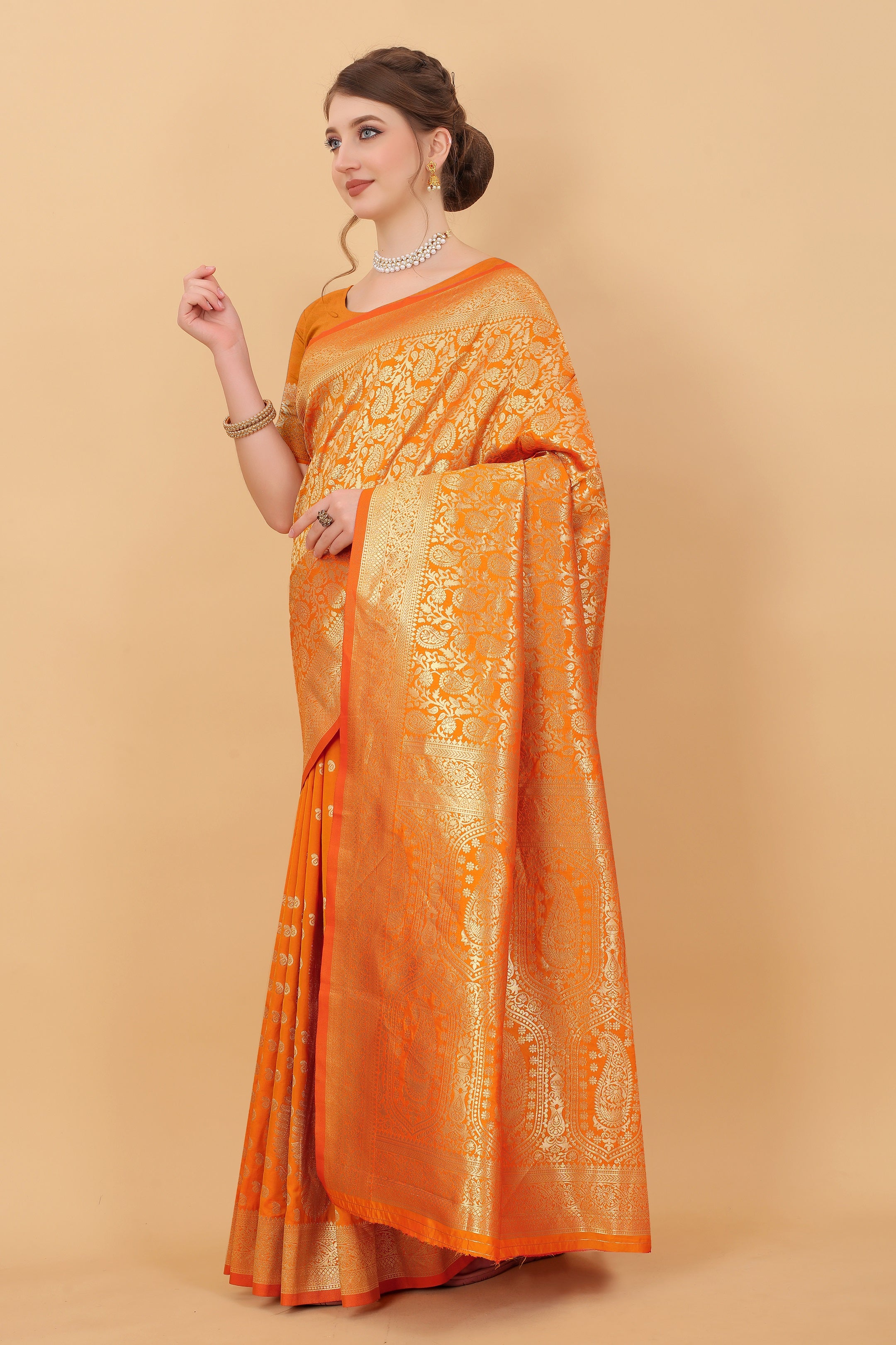 Vedant Vastram Soft Litchi Silk Kanjeevaram Saree - Orange - Distacart