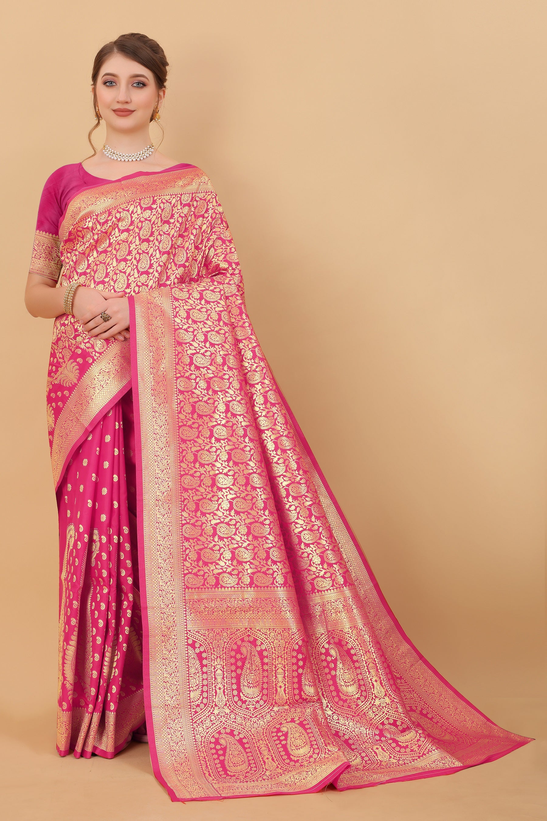 Vedant Vastram Soft Litchi Silk Kanjeevaram Saree - Pink - Distacart