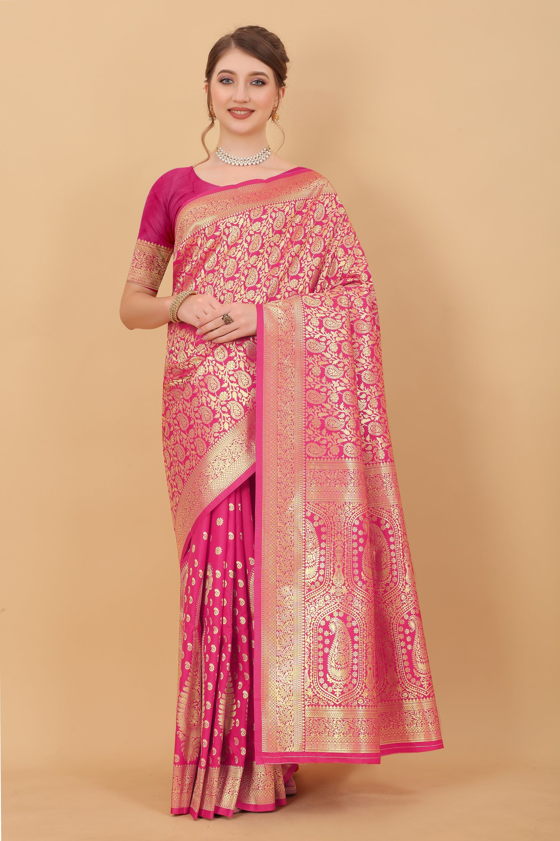 Vedant Vastram Soft Litchi Silk Kanjeevaram Saree - Pink - Distacart