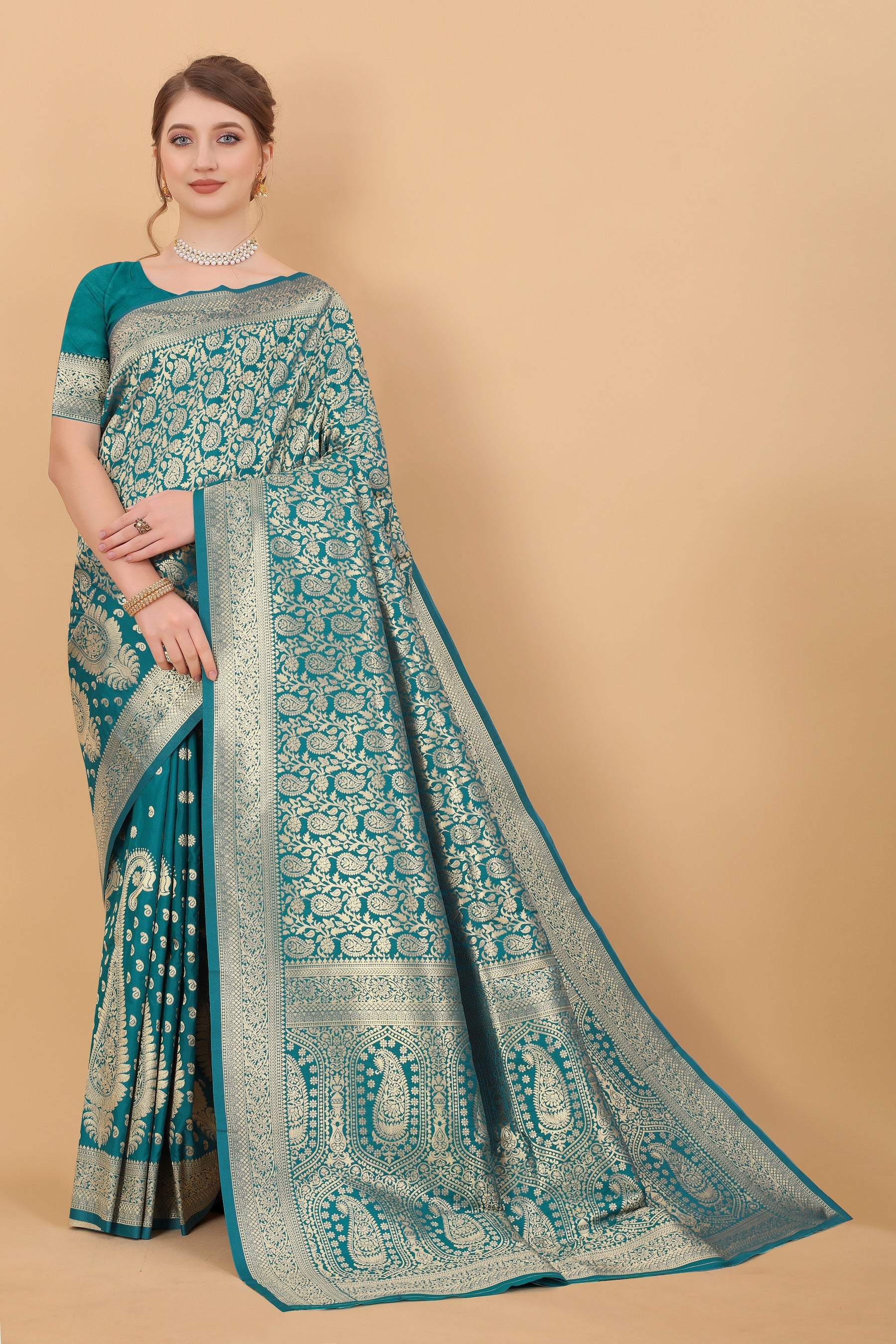 Vedant Vastram Soft Litchi Silk Kanjeevaram Saree - Rama - Distacart