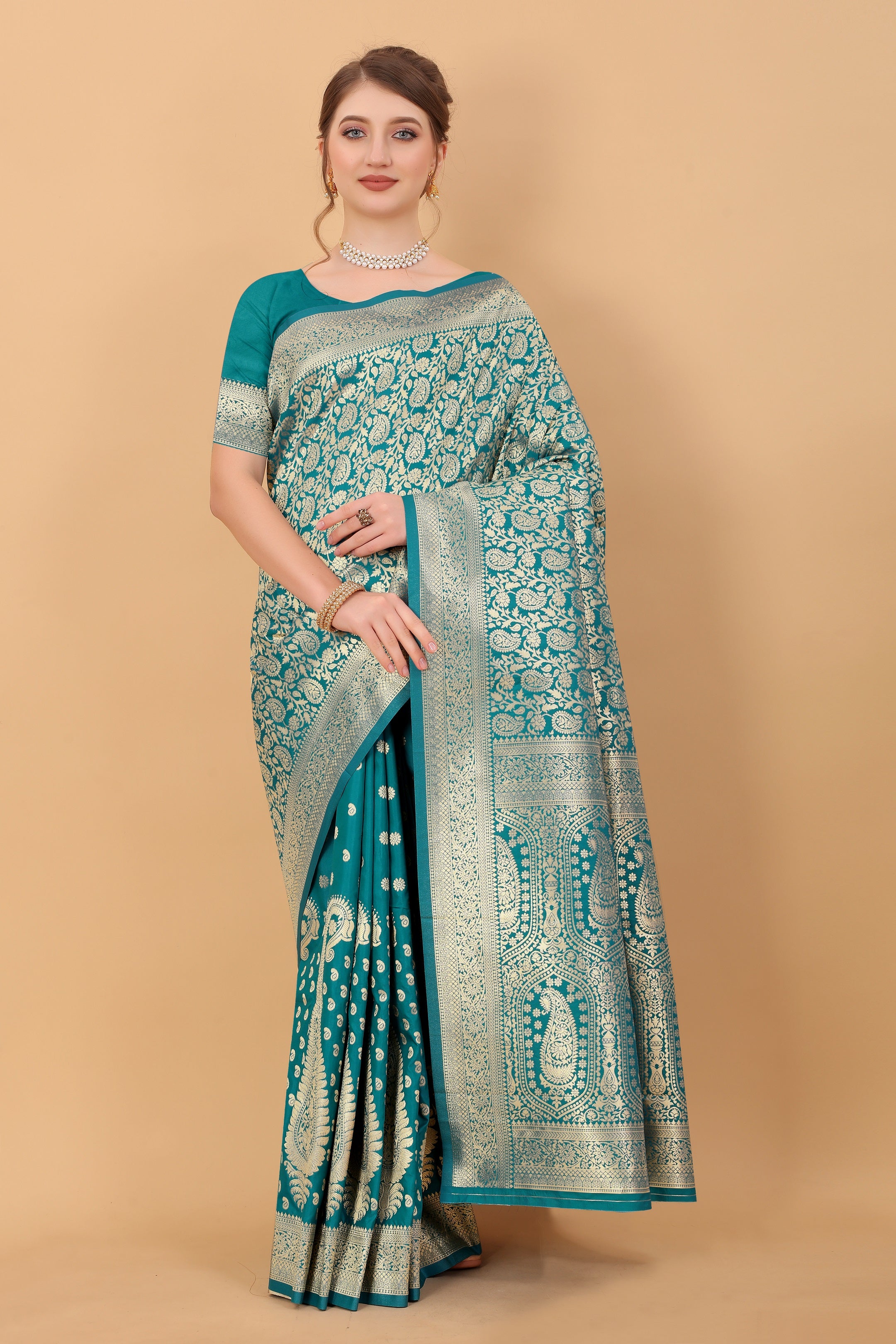 Vedant Vastram Soft Litchi Silk Kanjeevaram Saree - Rama - Distacart