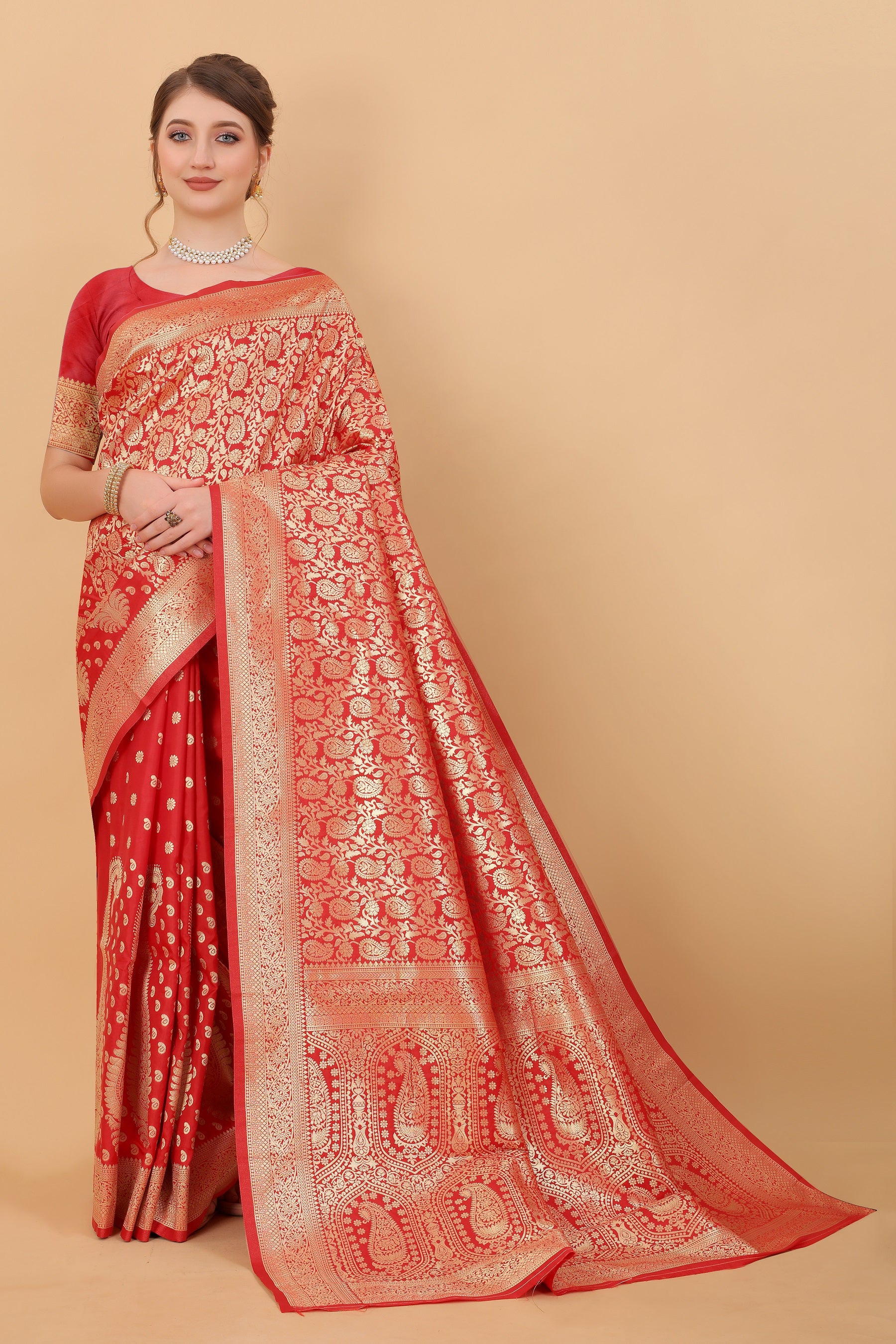Vedant Vastram Soft Litchi Silk Kanjeevaram Saree - Red - Distacart