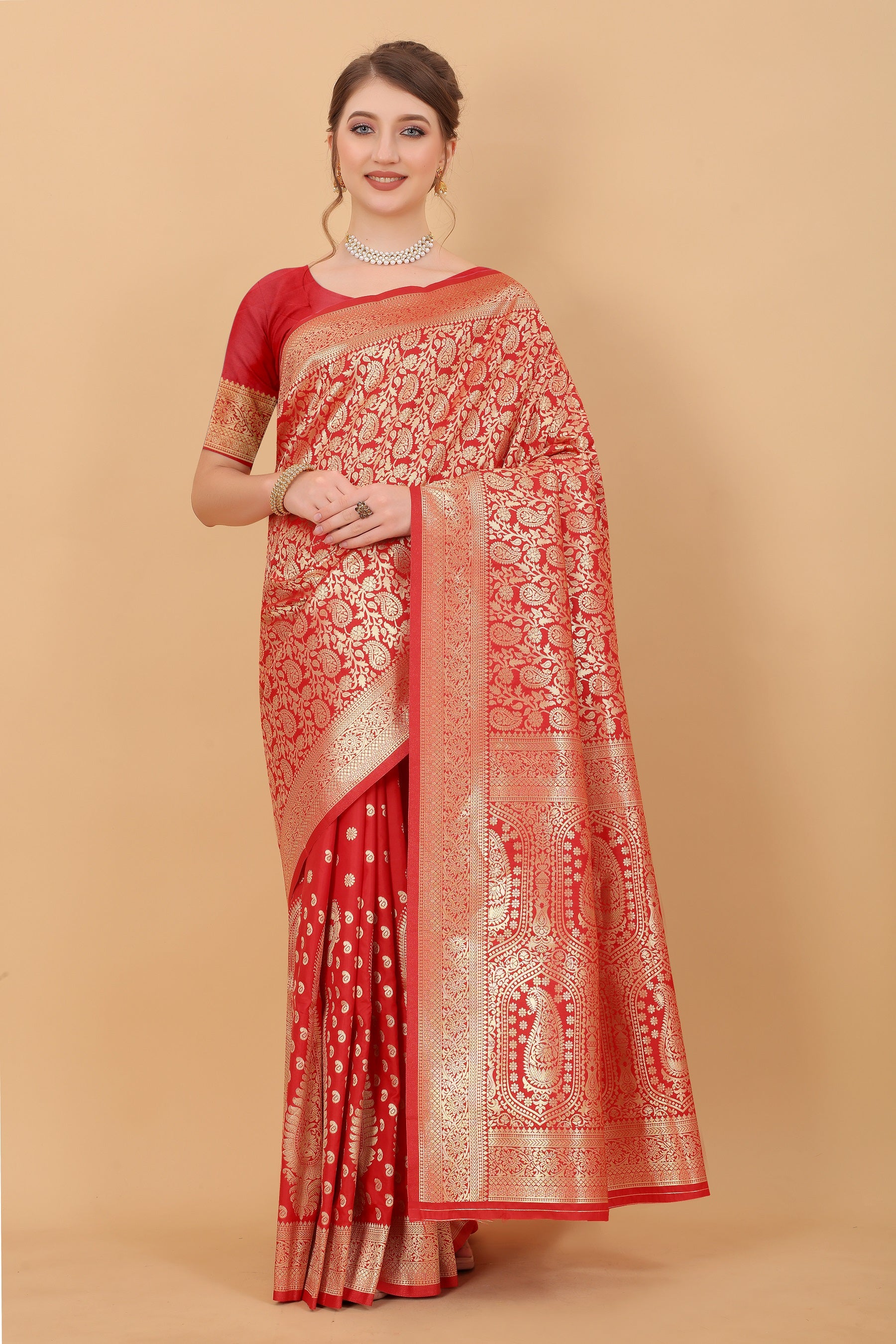 Vedant Vastram Soft Litchi Silk Kanjeevaram Saree - Red - Distacart